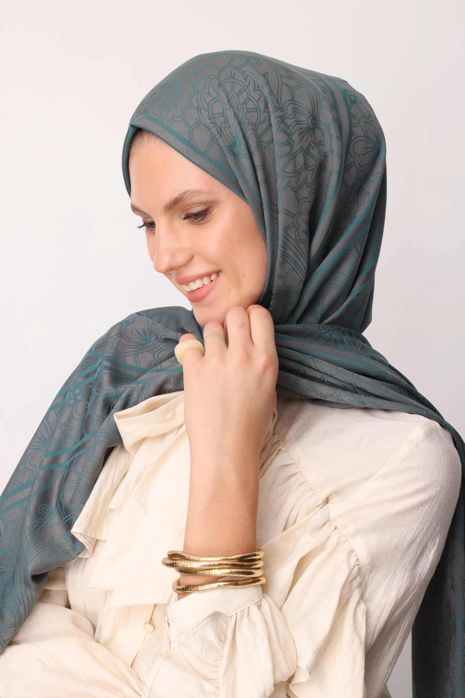 Toptan Lavin Desen Çift Taraflı Şal - Koyu Gri-Zümrüt