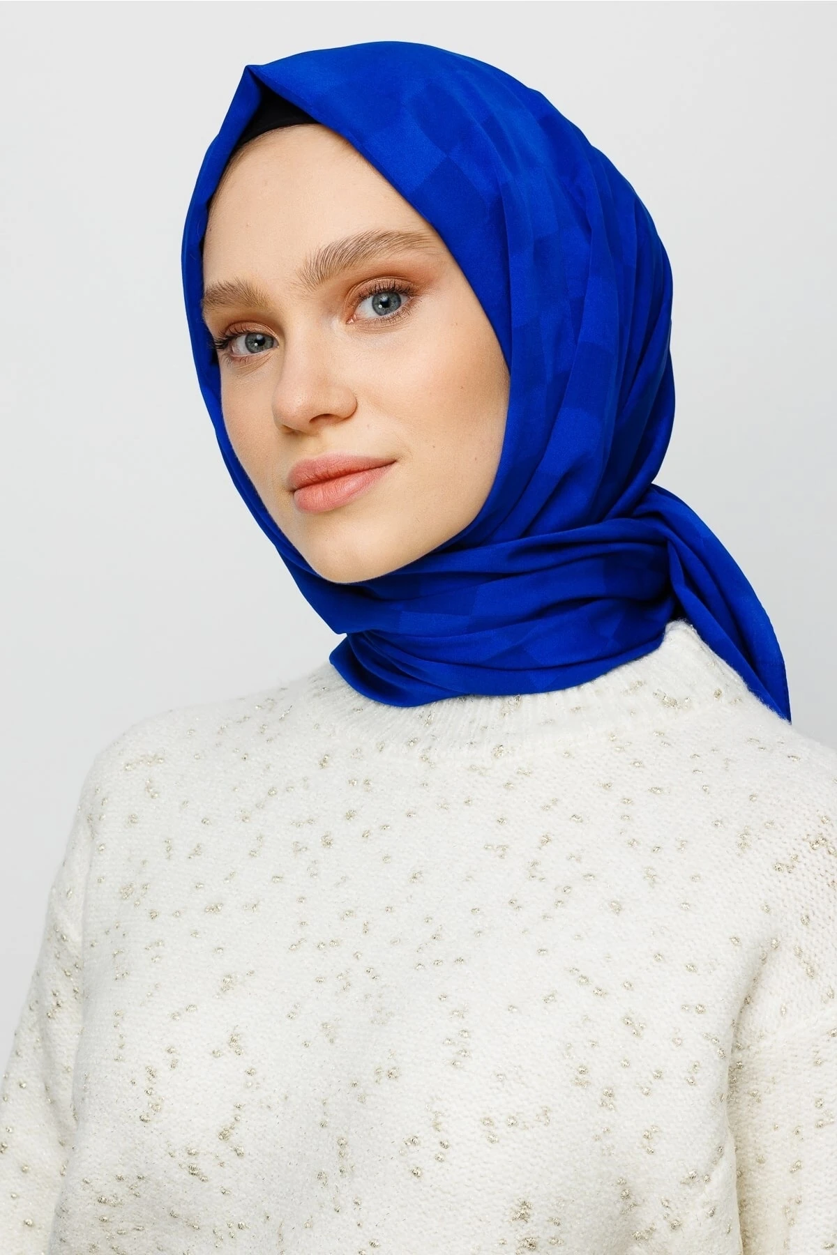 Toptan Dama Desen İpeksi Jakar Şal - Saks Mavi