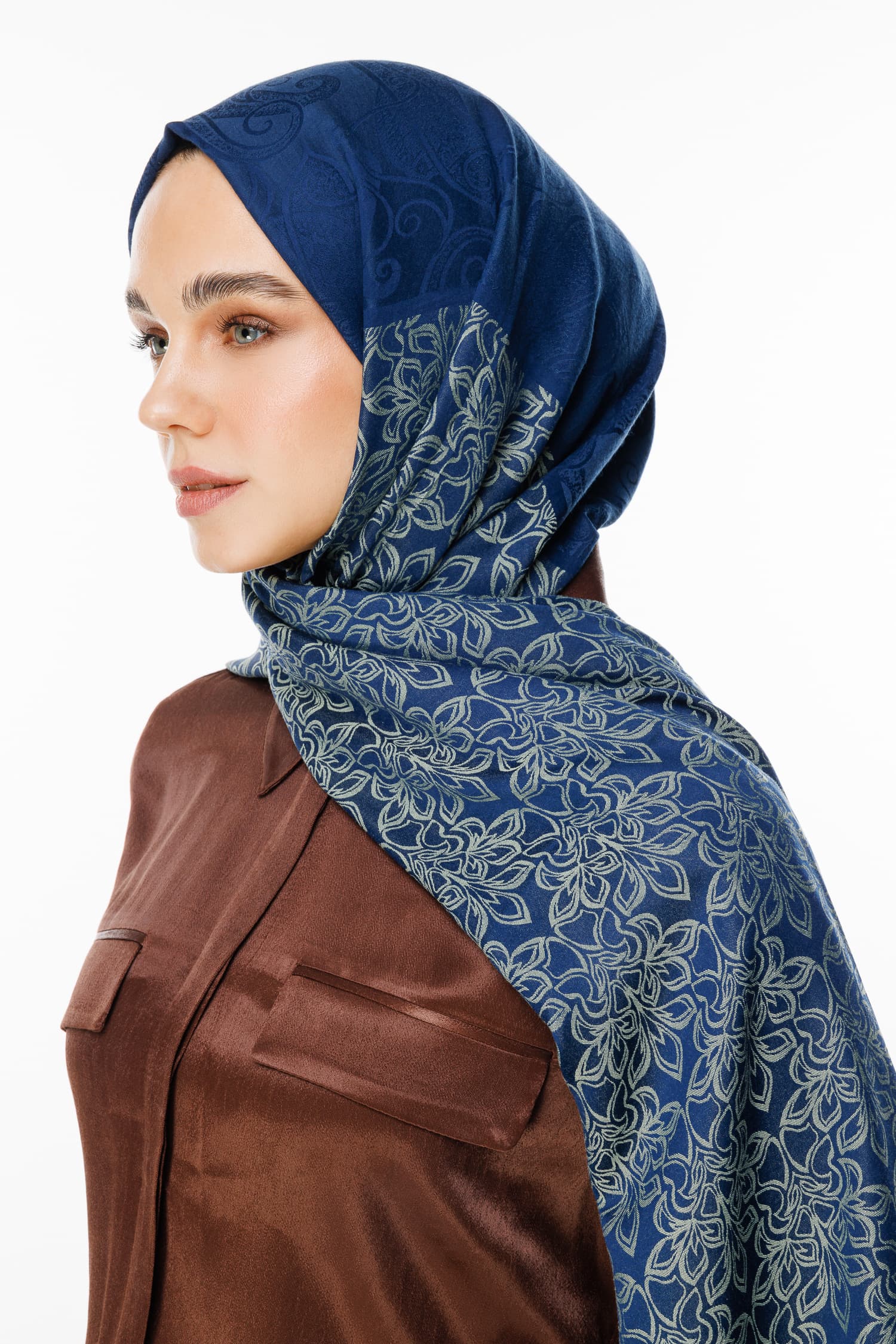 Nora-Pattern Reversible Shawl - Navy Blue-Aqua Green