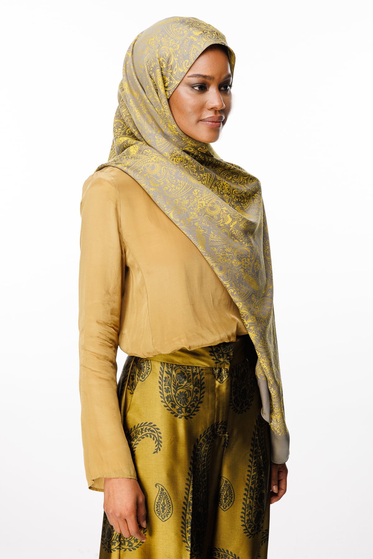 Velora-Pattern Reversible Shawl - Dark Gray-Mustard