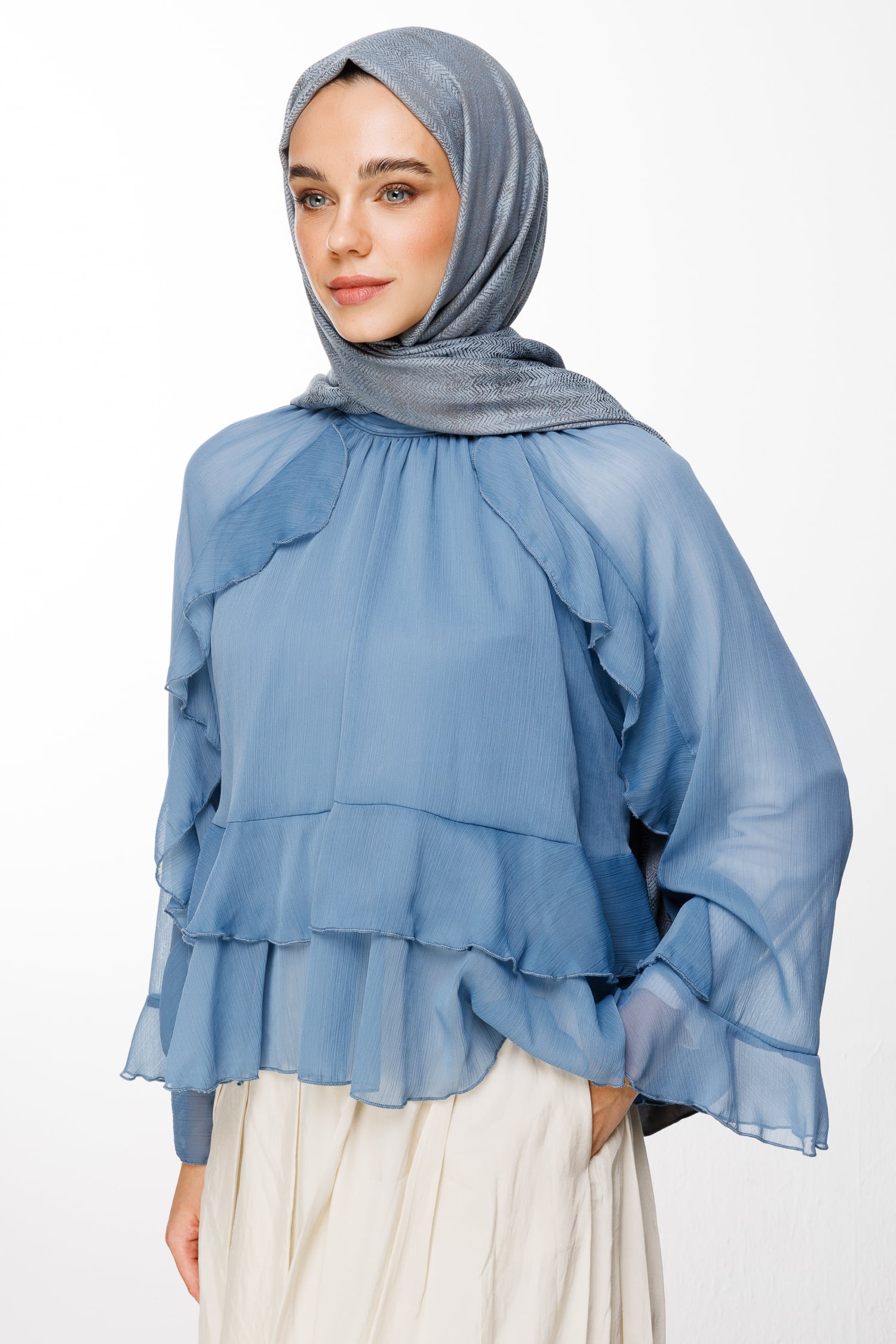 Toptan Sahra Desen Çift Taraflı Şal - Koyu Gri-Açık Mavi