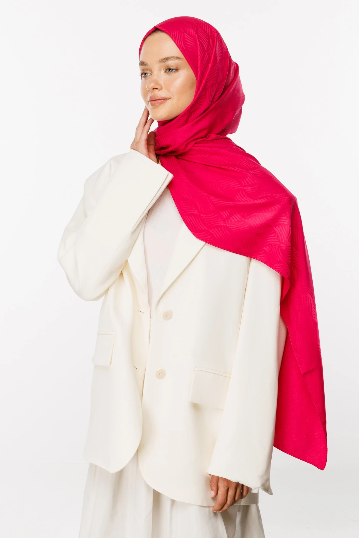 Toptan Aura Desen İpeksi Jakar Şal - Fuşya