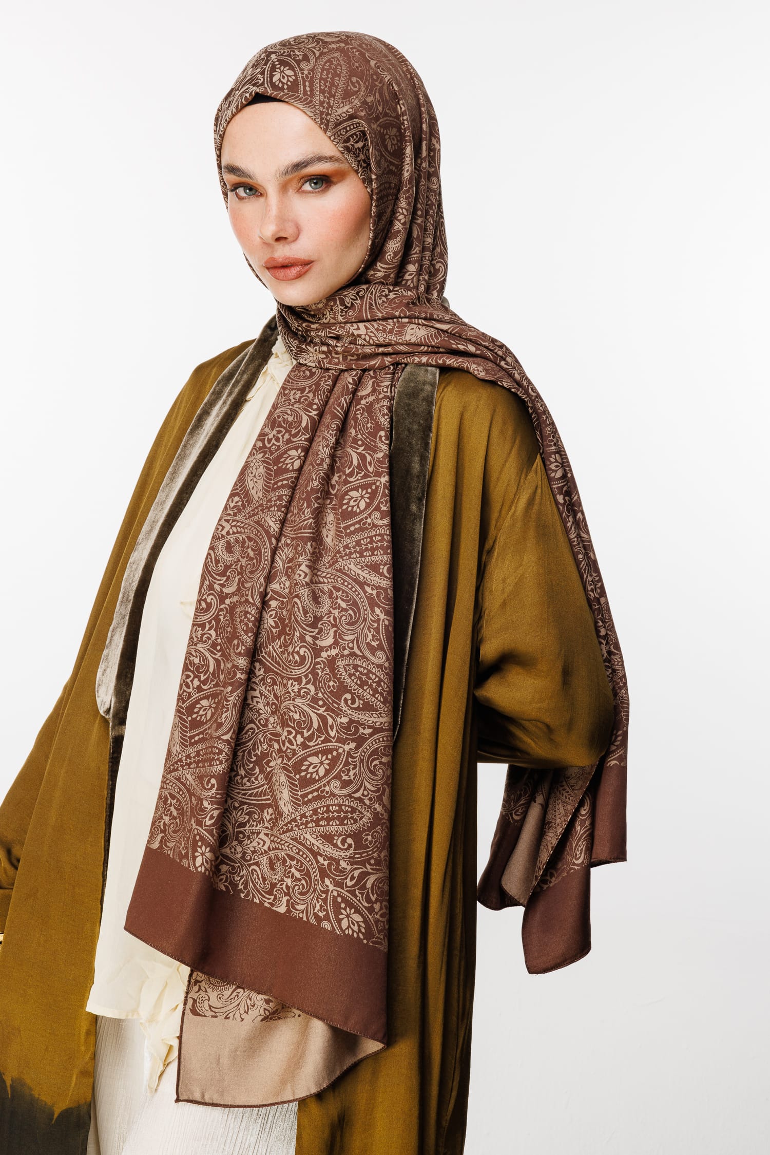 Toptan Velora Desen Çift Taraflı Şal - Acı Kahve-Bej