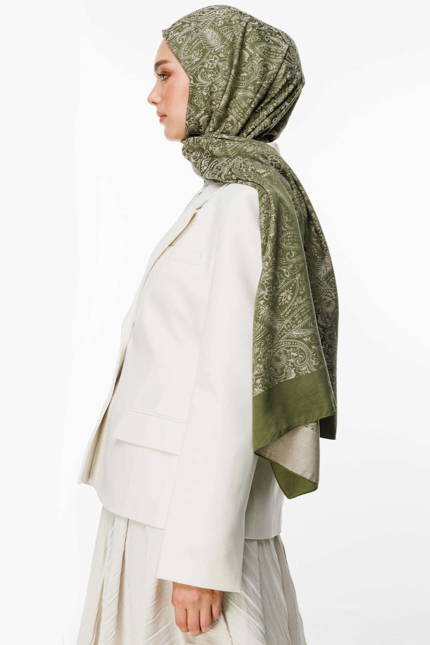 Toptan Velora Desen Çift Taraflı Şal - Haki-Somon