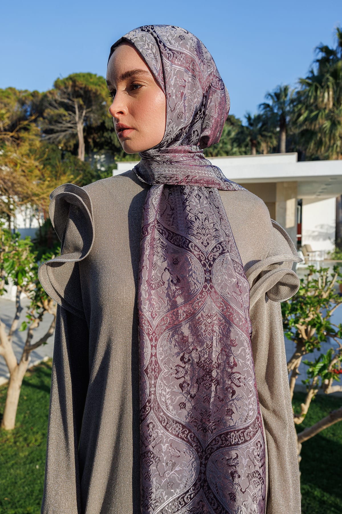 Toptan Soler Desen Shine Line Şal - Mor-Gri