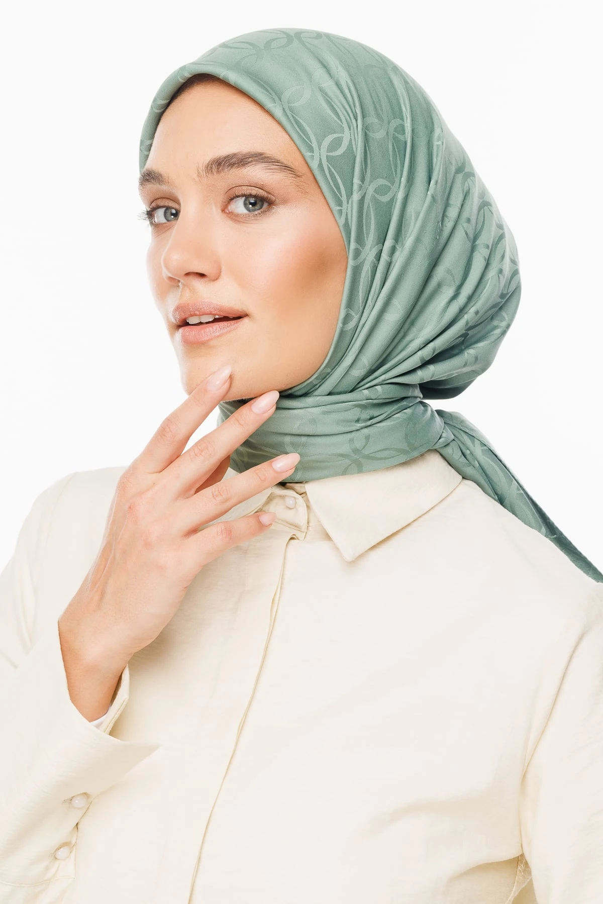 Toptan London Desen İpeksi Jakar Eşarp - Küf Yeşili