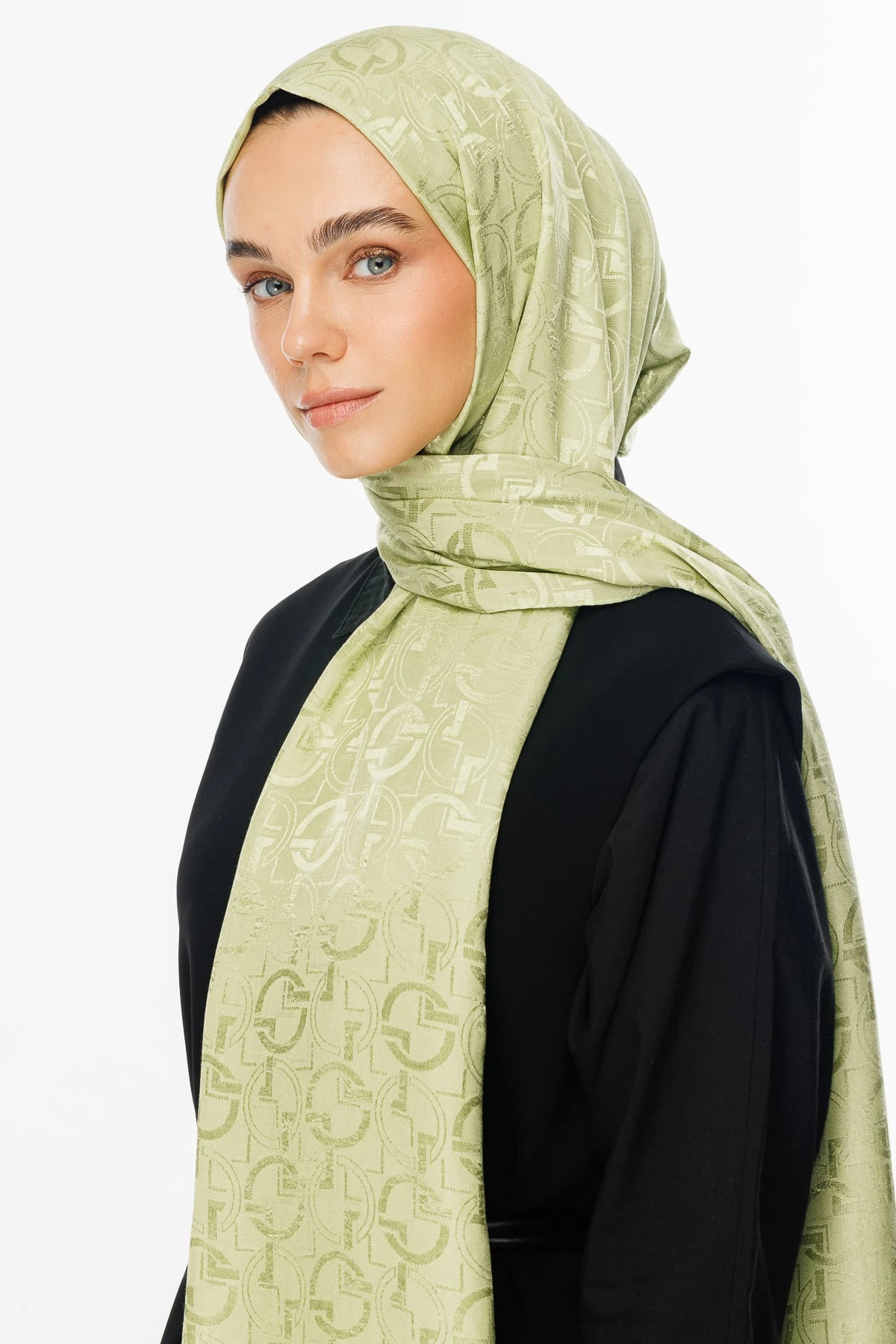 Toptan Longar Desen Parlak Jakar Şal - Fıstık Yeşili