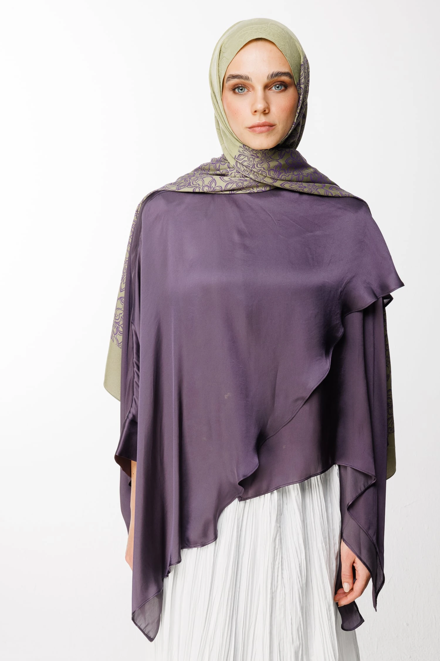 Toptan Nora Desen Çift Taraflı Şal - Zeytin-Mor