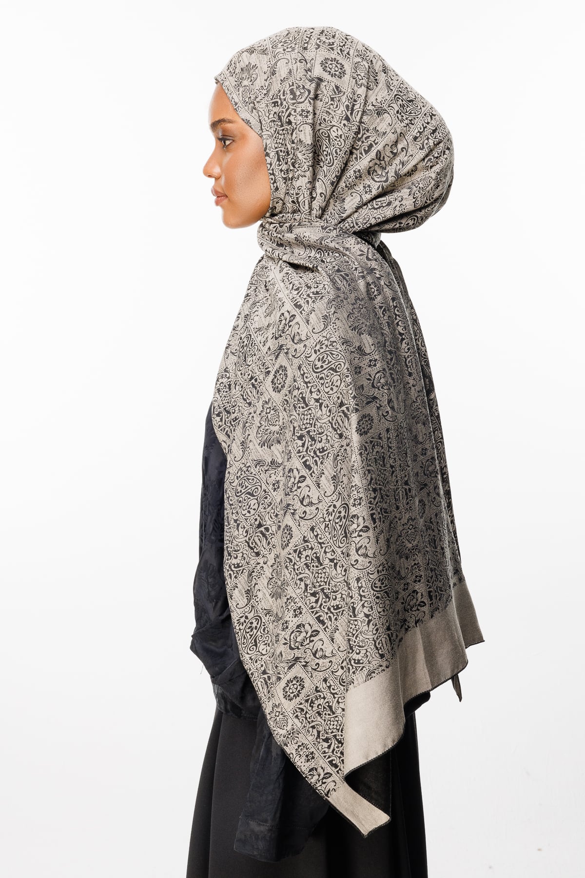 Toptan Henna Desen Çift Taraflı Şal - Siyah-Bej