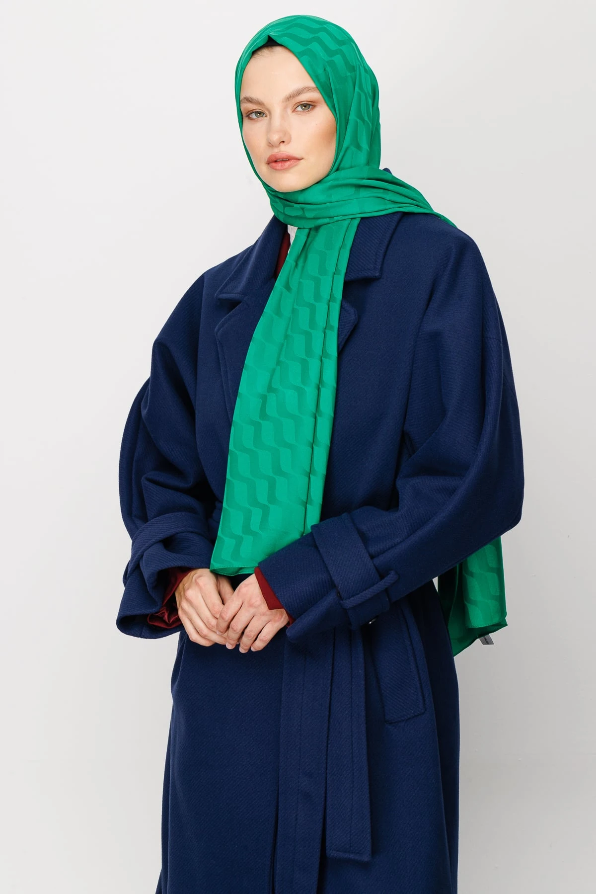 Toptan Dalga Desen İpeksi Jakar Şal - Benetton Yeşili