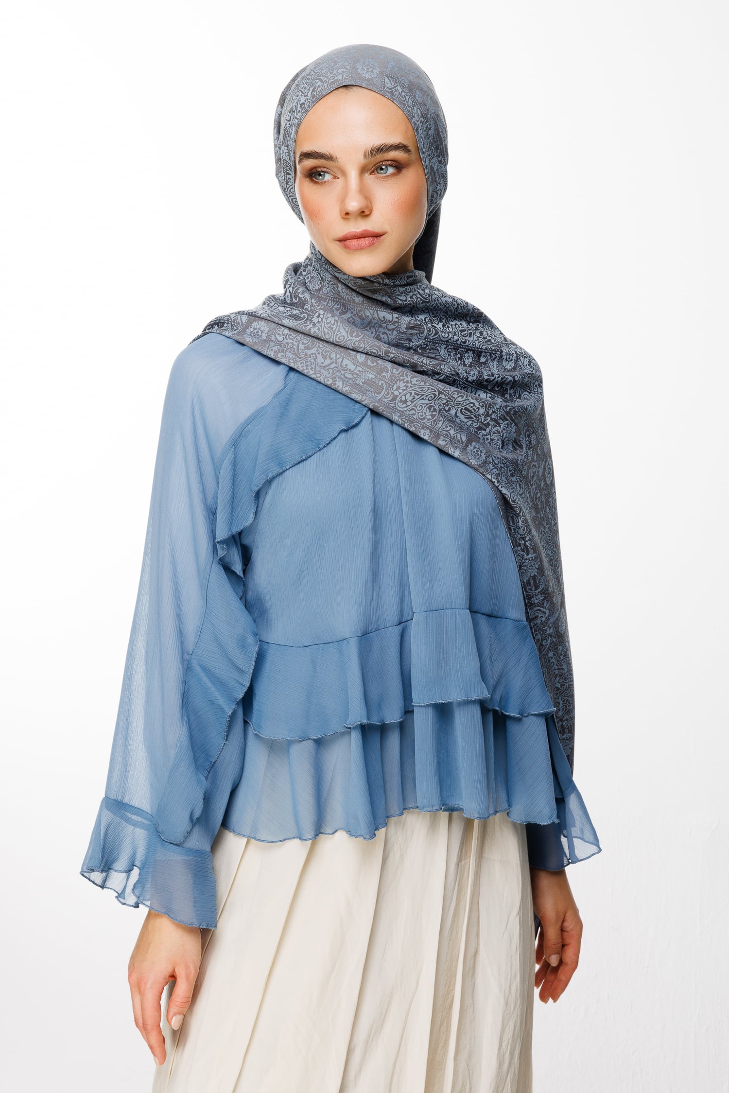 Toptan Henna Desen Çift Taraflı Şal - Koyu Gri-Açık Mavi