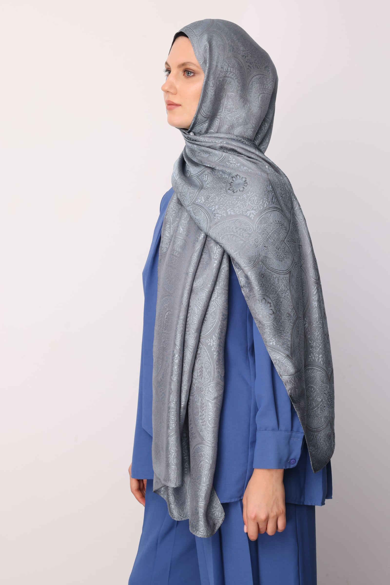 Shline Line Viscose Shawl - Dark Gray-Light Blue