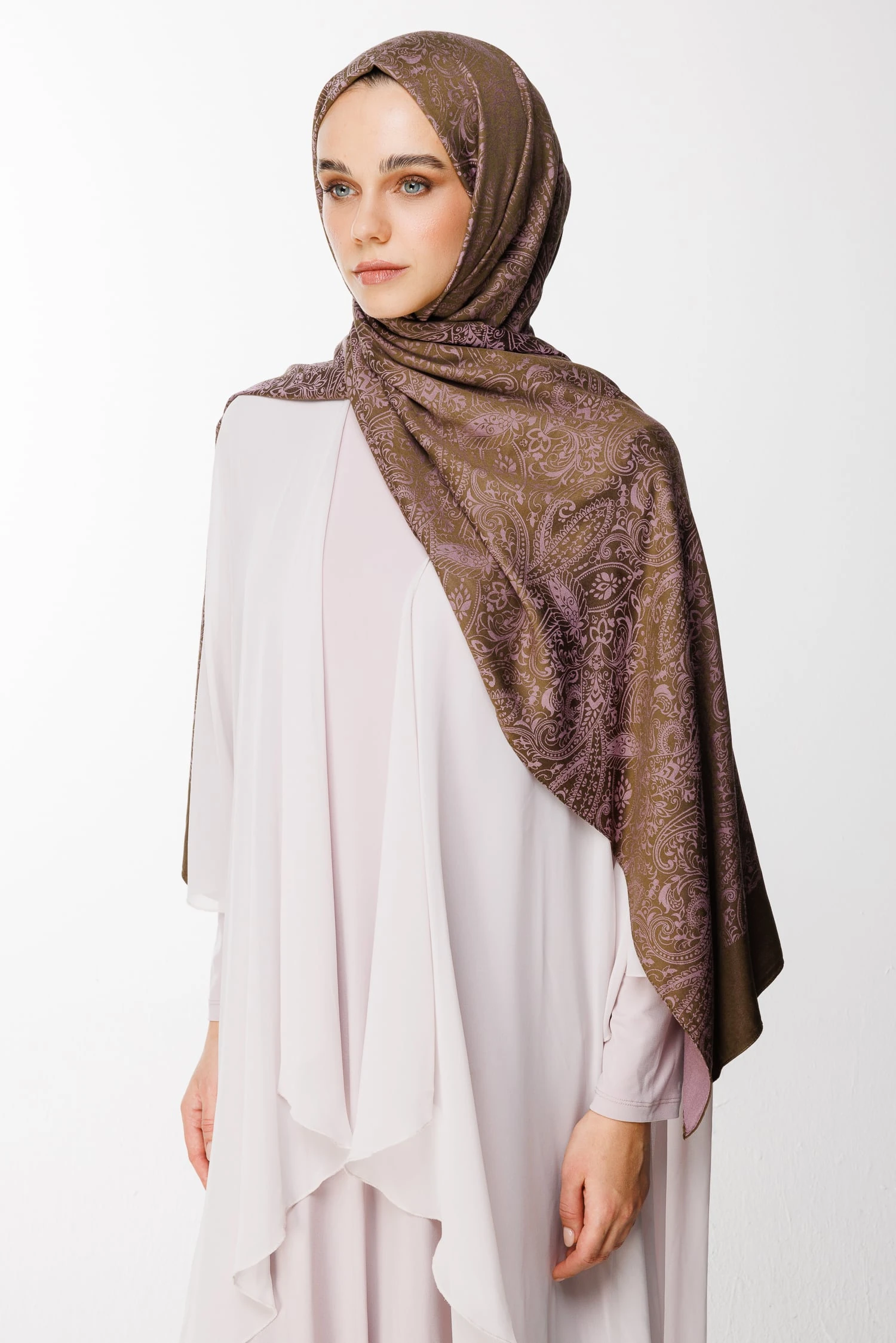 Velora-Pattern Reversible Shawl - Dark Khaki-Dark Dusty Rose