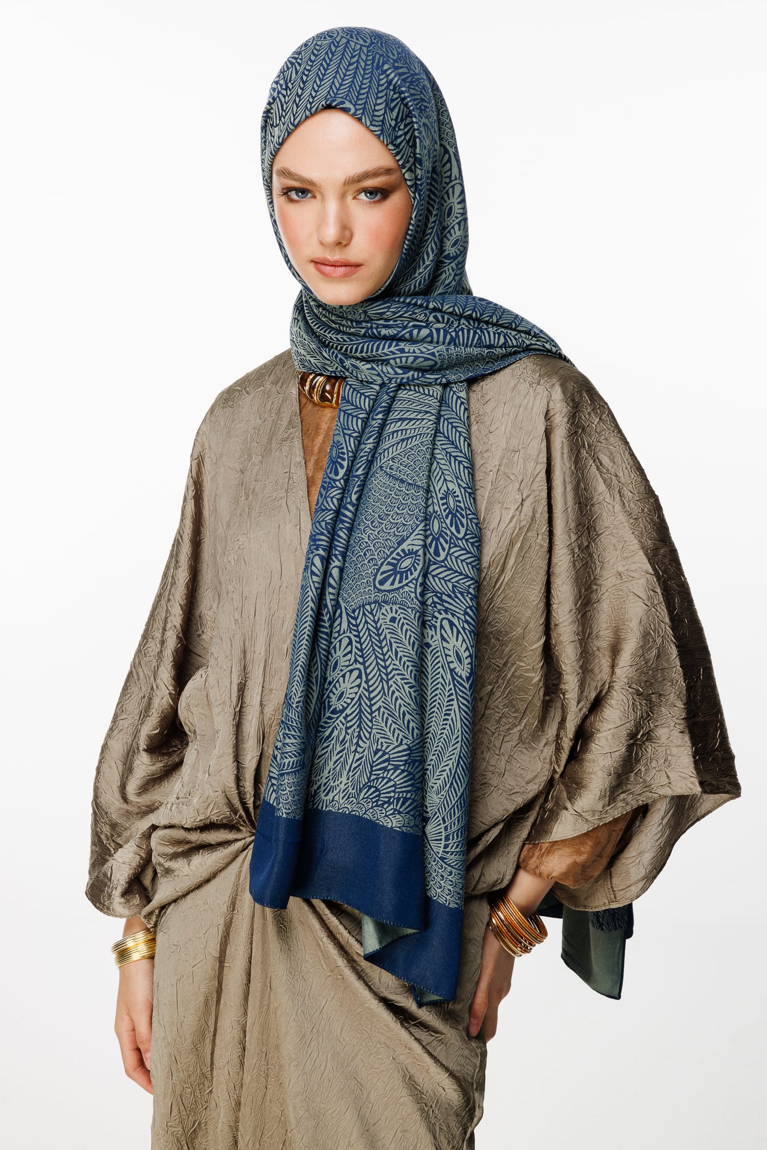 Toptan Mayra Desen Çift Taraflı Şal - Lacivert-Su Yeşili