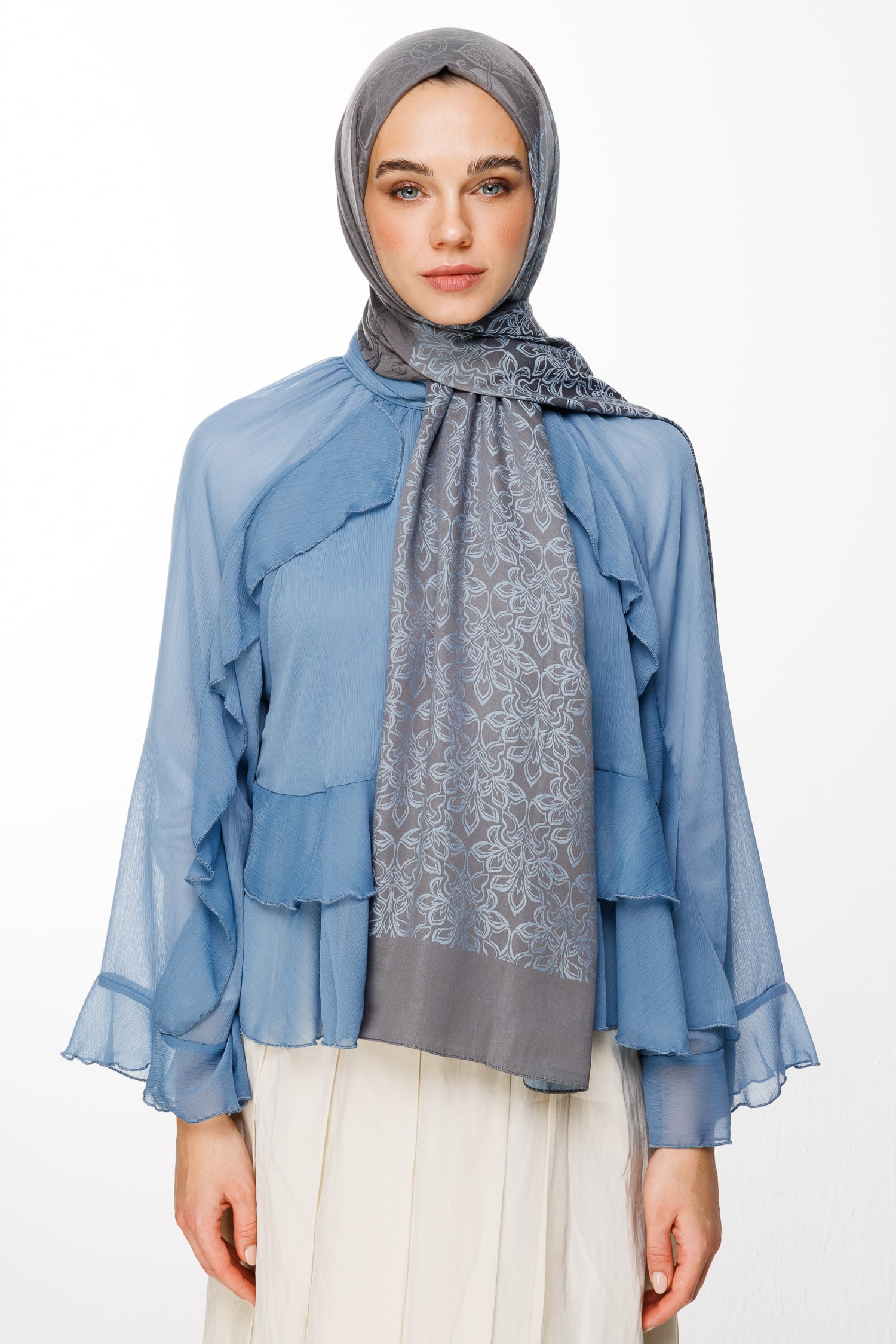Toptan Nora Desen Çift Taraflı Şal - Koyu Gri-Açık Mavi