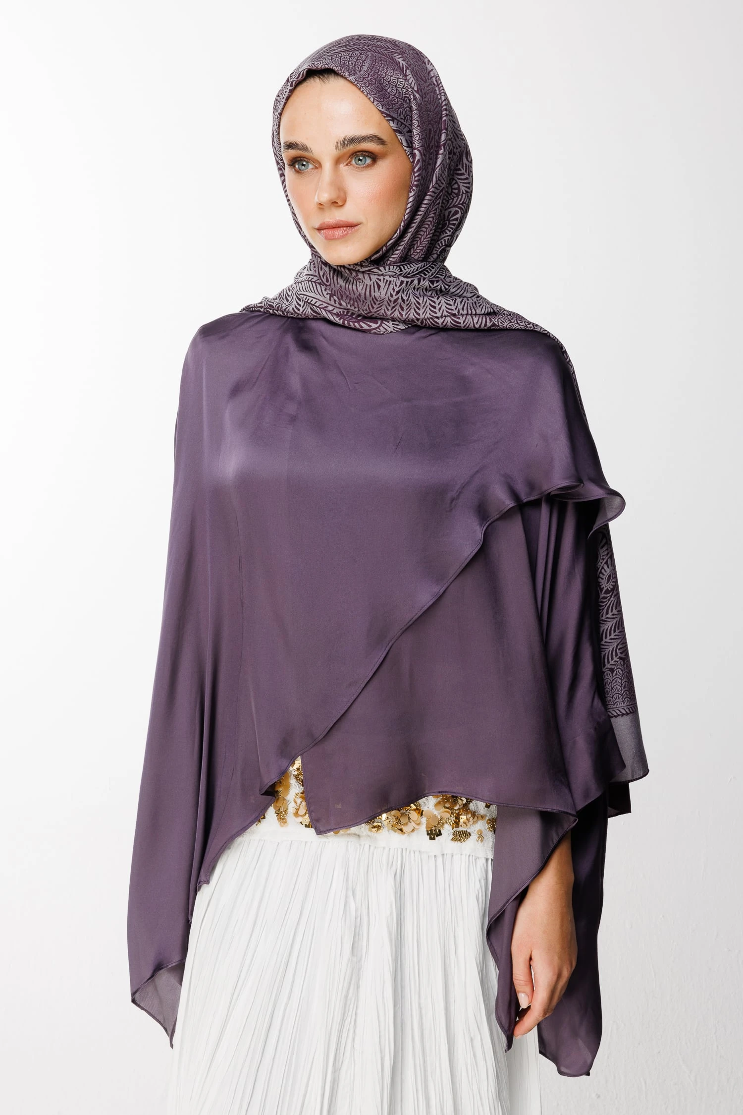 Toptan Mayra Desen Çift Taraflı Şal - Mor-Gri