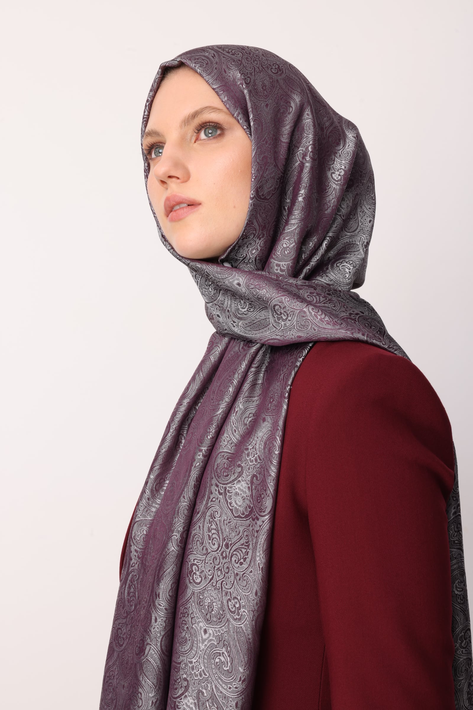 Toptan Moren Desen Shine Line Şal - Mor-Gri