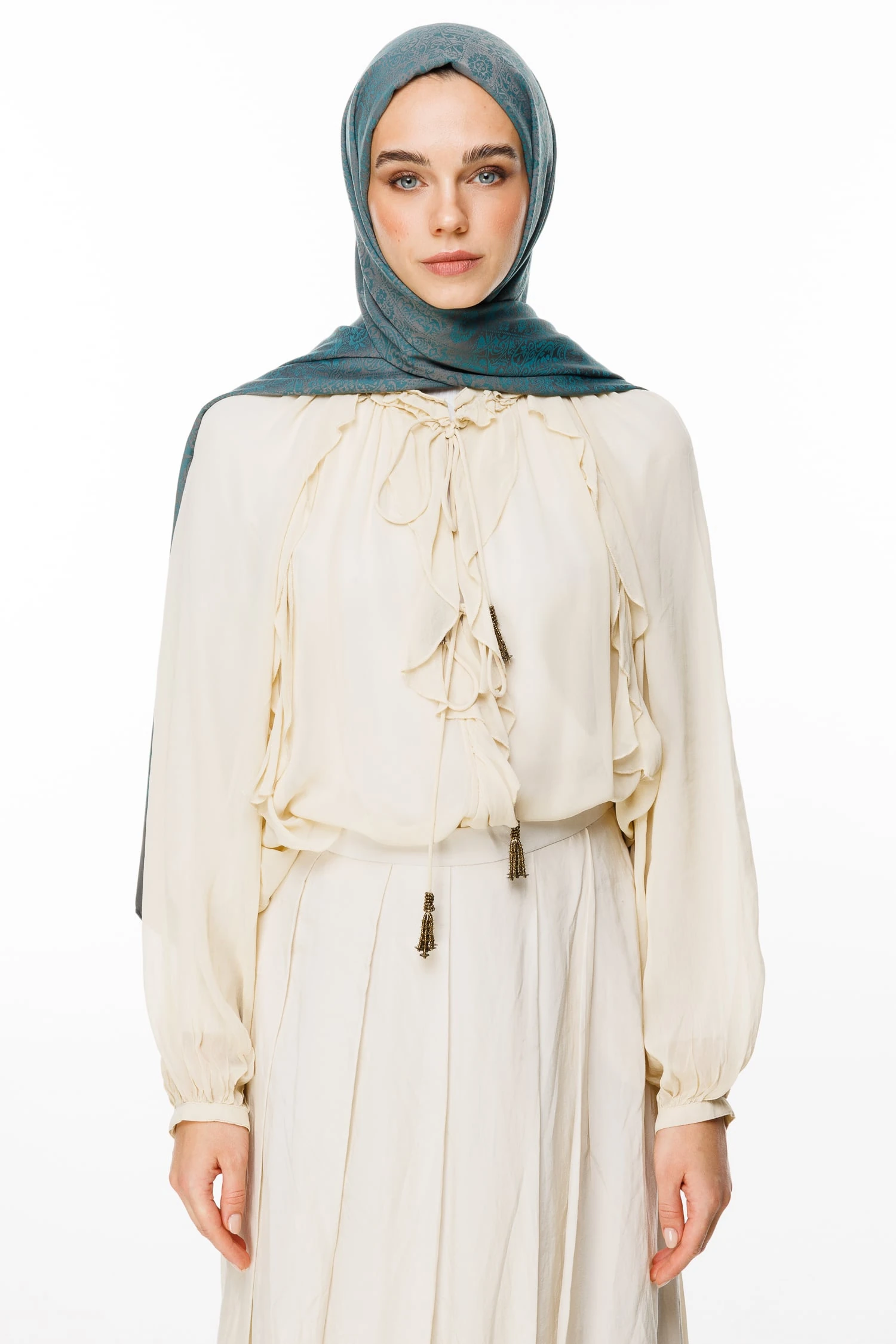 Toptan Henna Desen Çift Taraflı Şal - Koyu Gri-Zümrüt