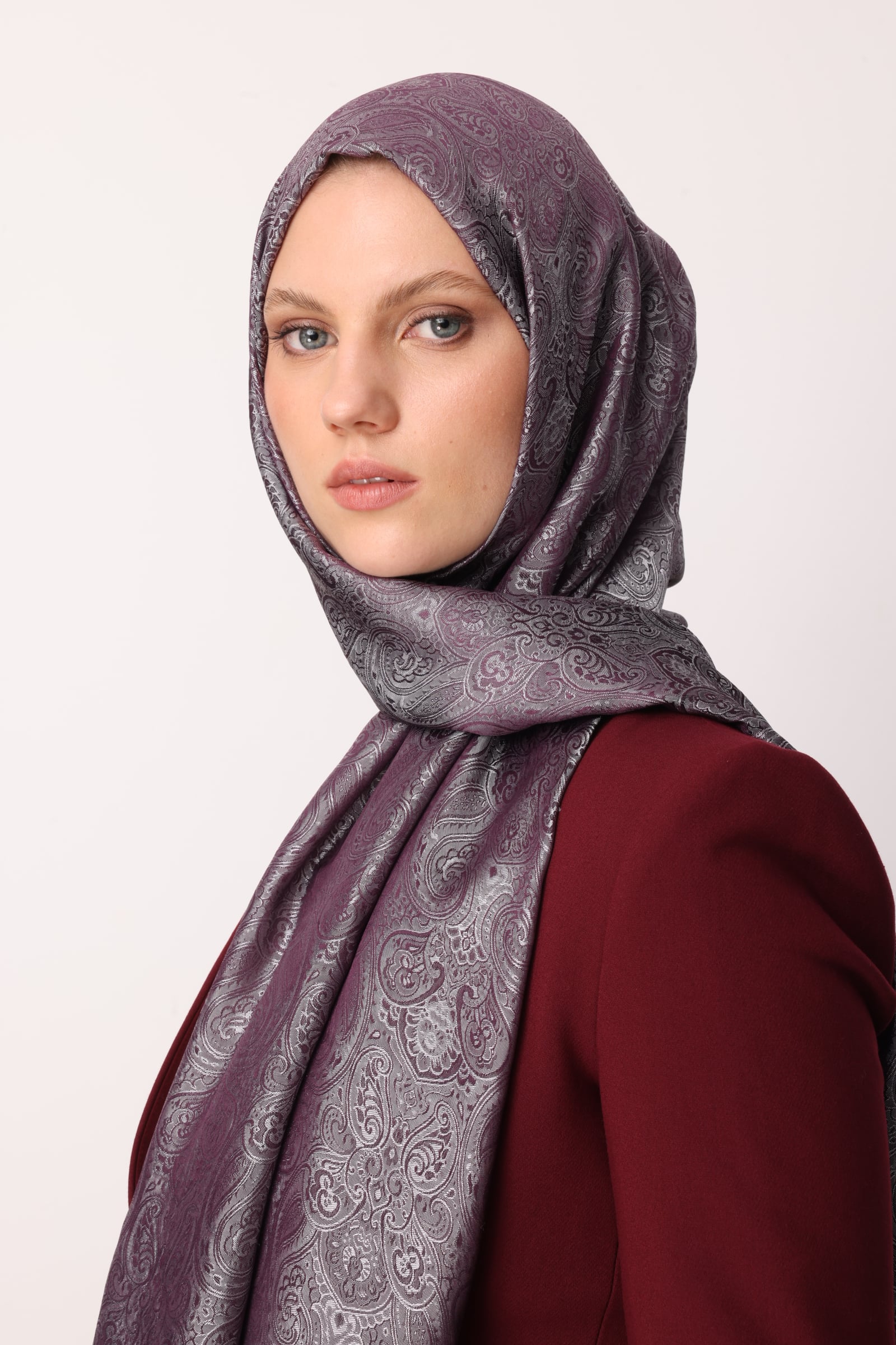 Toptan Moren Desen Shine Line Şal - Mor-Gri