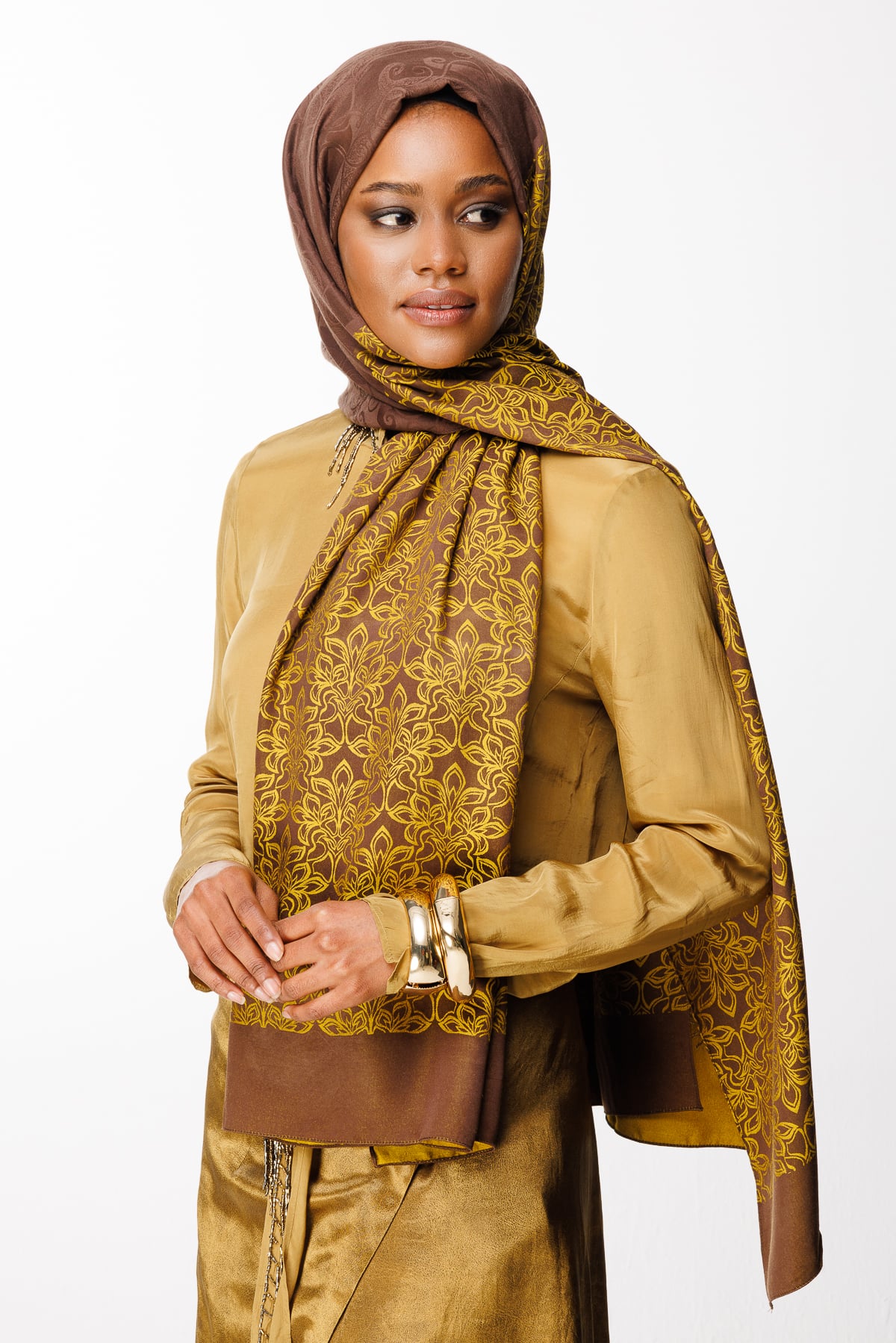 Nora-Pattern Reversible Shawl - Bitter Coffee-Mustard