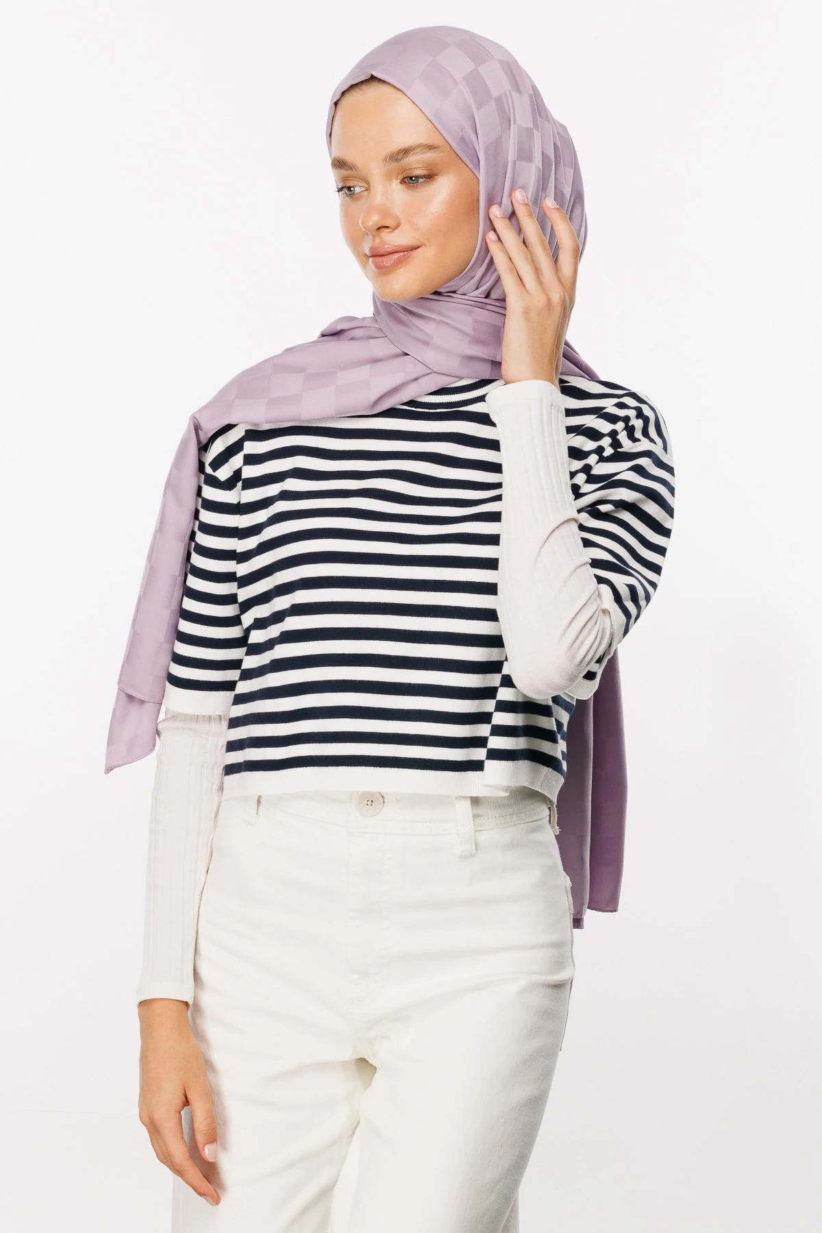 Checkers Pattern Silk Jacquard Shawl - Lilac
