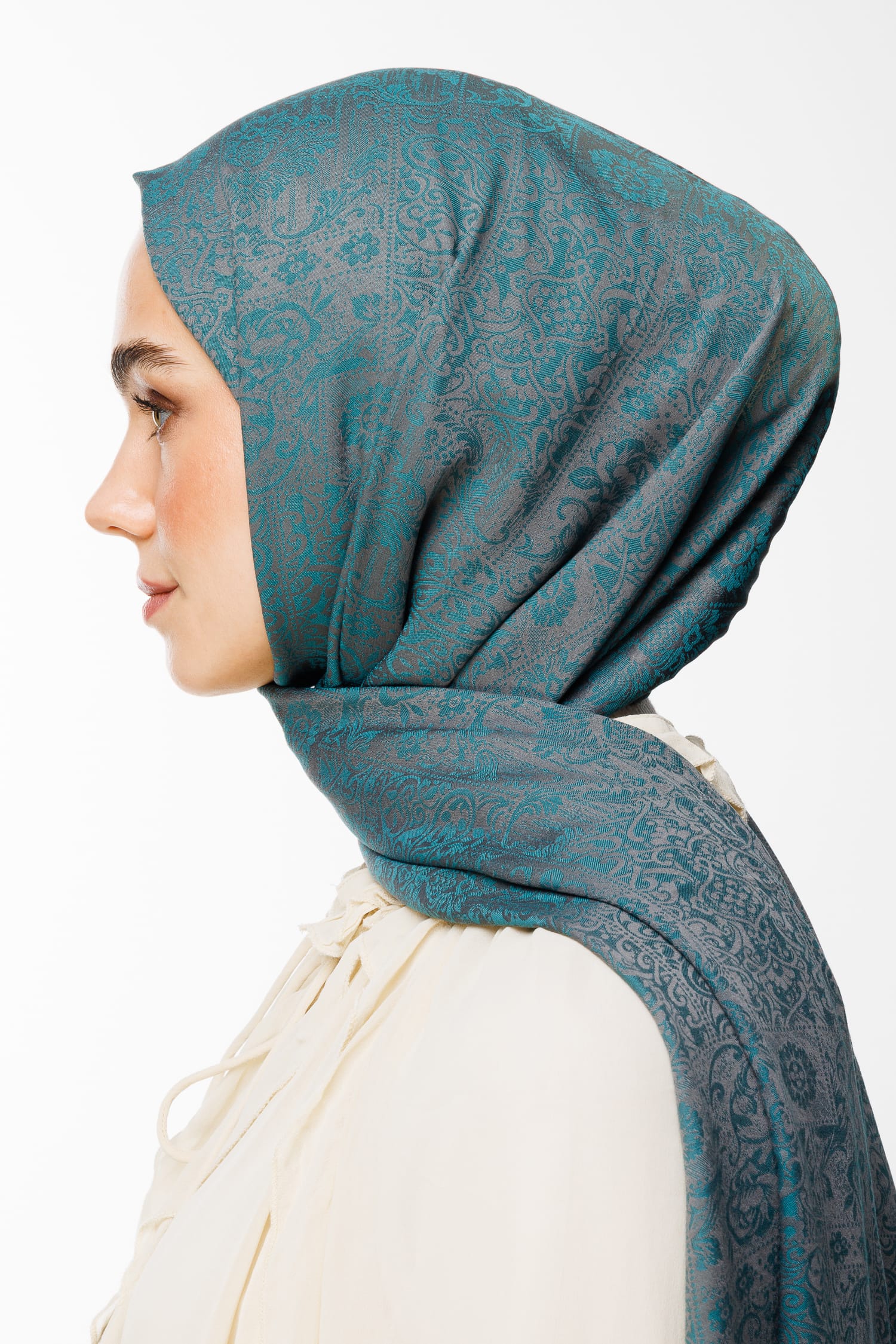 Toptan Henna Desen Çift Taraflı Şal - Koyu Gri-Zümrüt