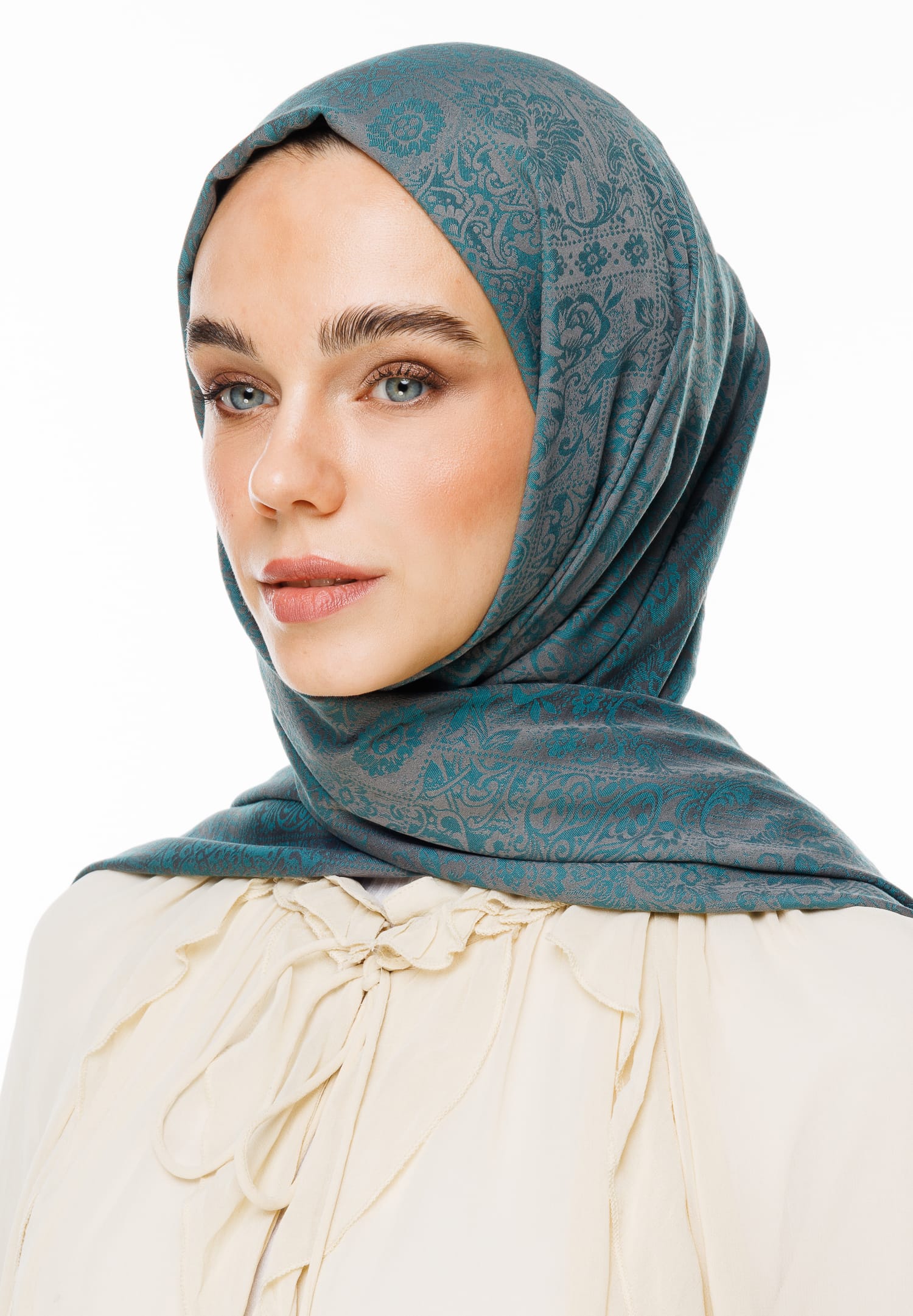 Toptan Henna Desen Çift Taraflı Şal - Koyu Gri-Zümrüt