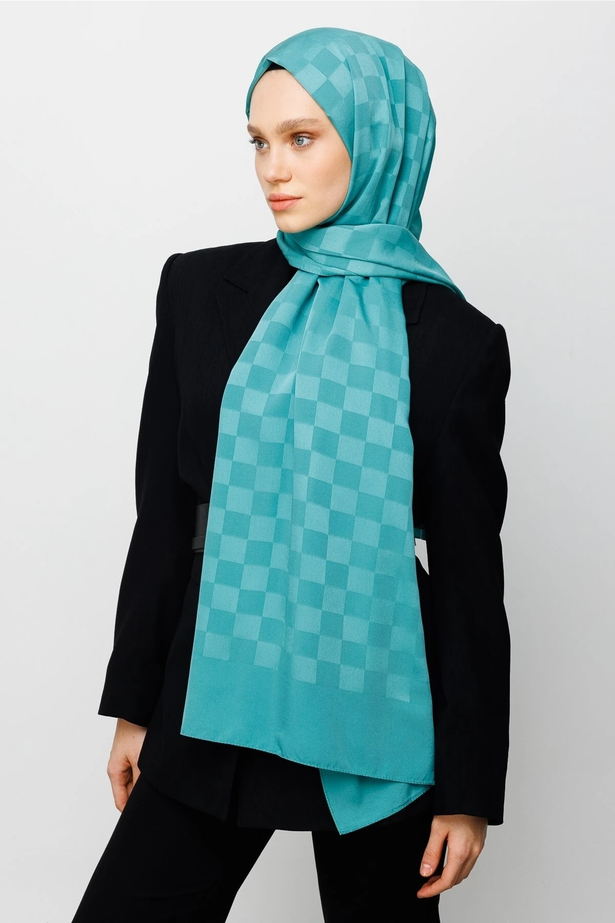 Checkers Pattern Silk Jacquard Shawl - Mint Green