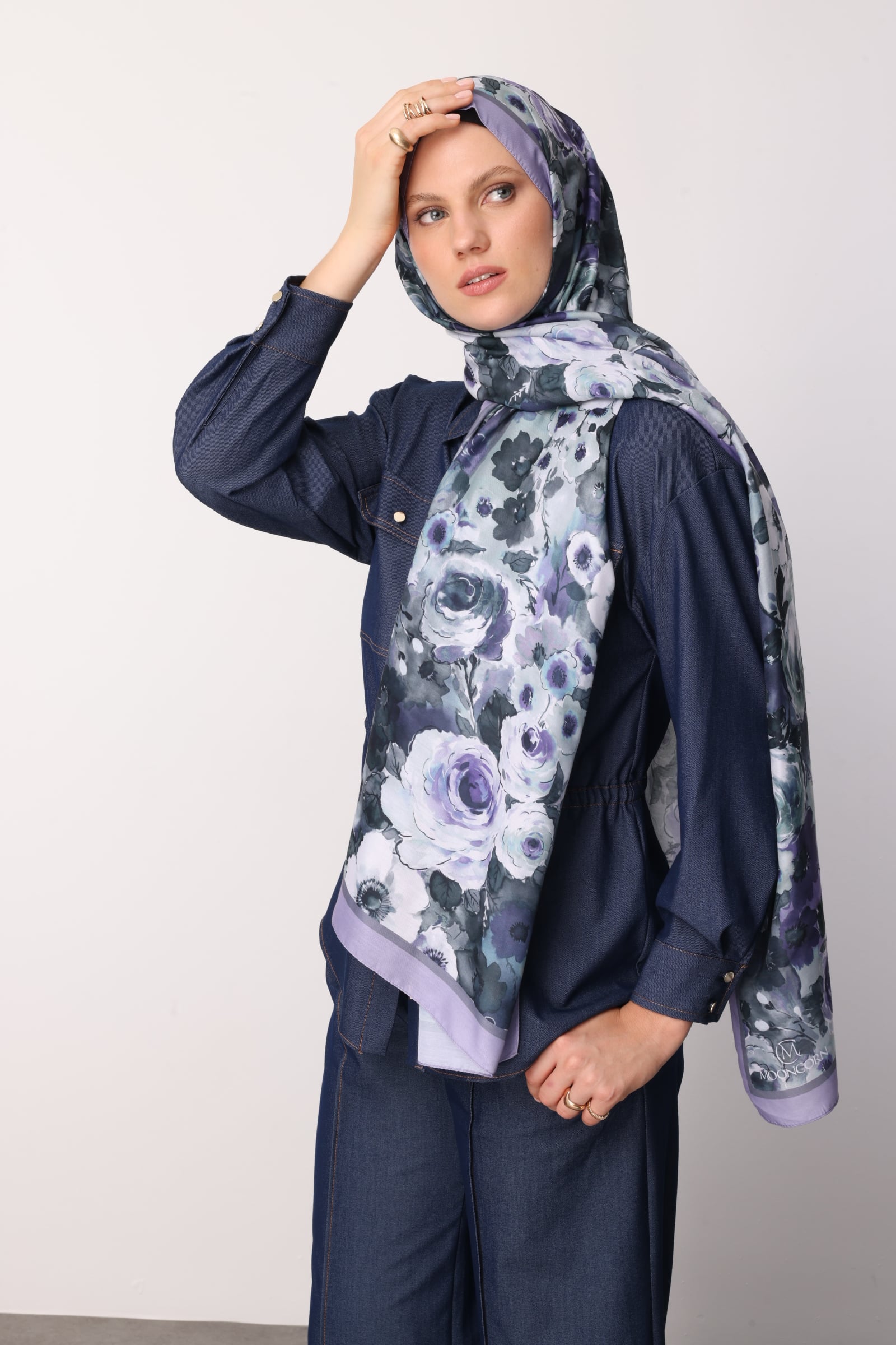 Toptan Vensel Desen Pamuk Şal - Mavi