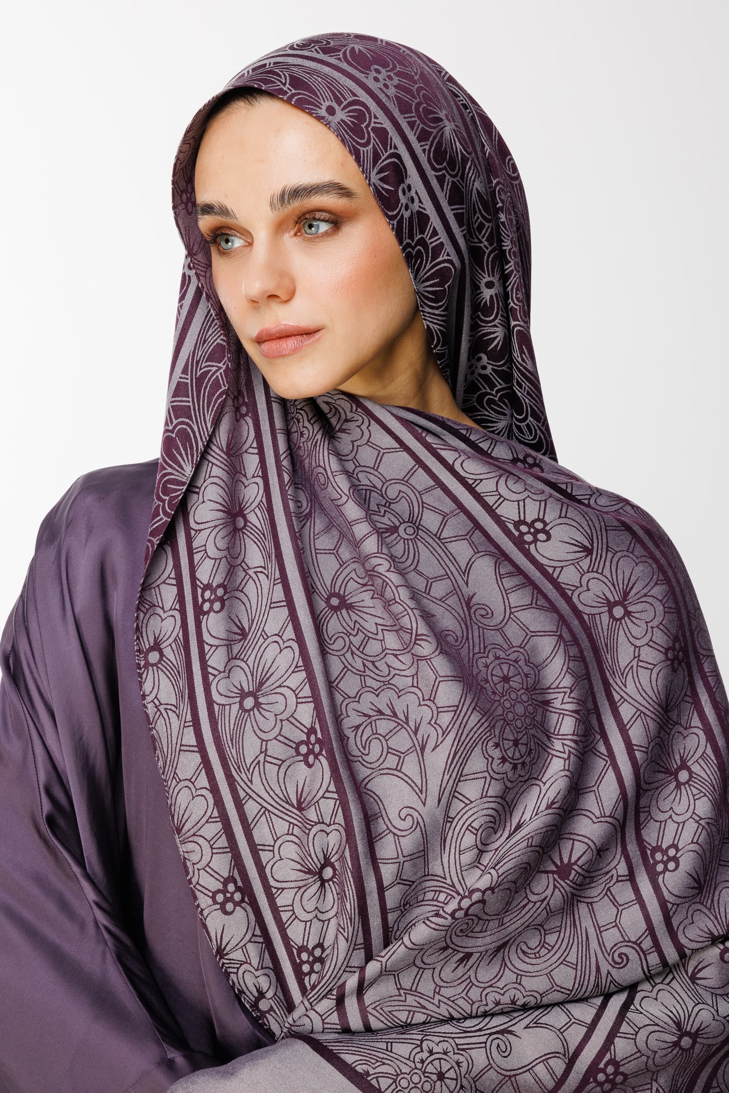 Toptan Lavin Desen Çift Taraflı Şal - Mor-Gri