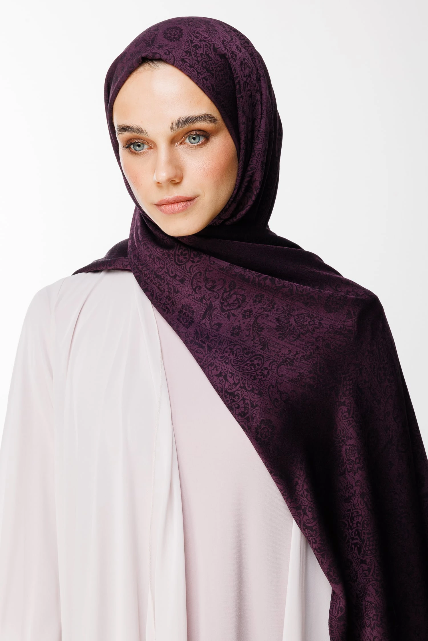 Toptan Henna Desen Çift Taraflı Şal - Mor-Siyah