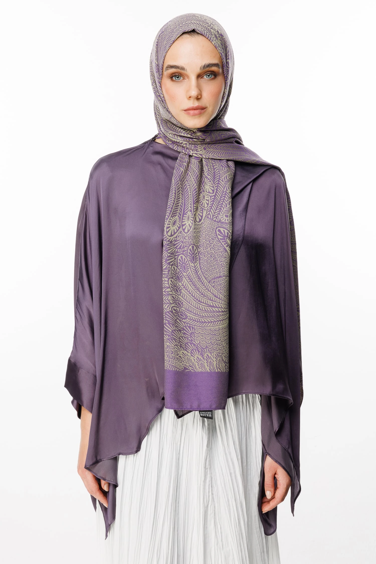 Toptan Mayra Desen Çift Taraflı Şal - Zeytin-Mor