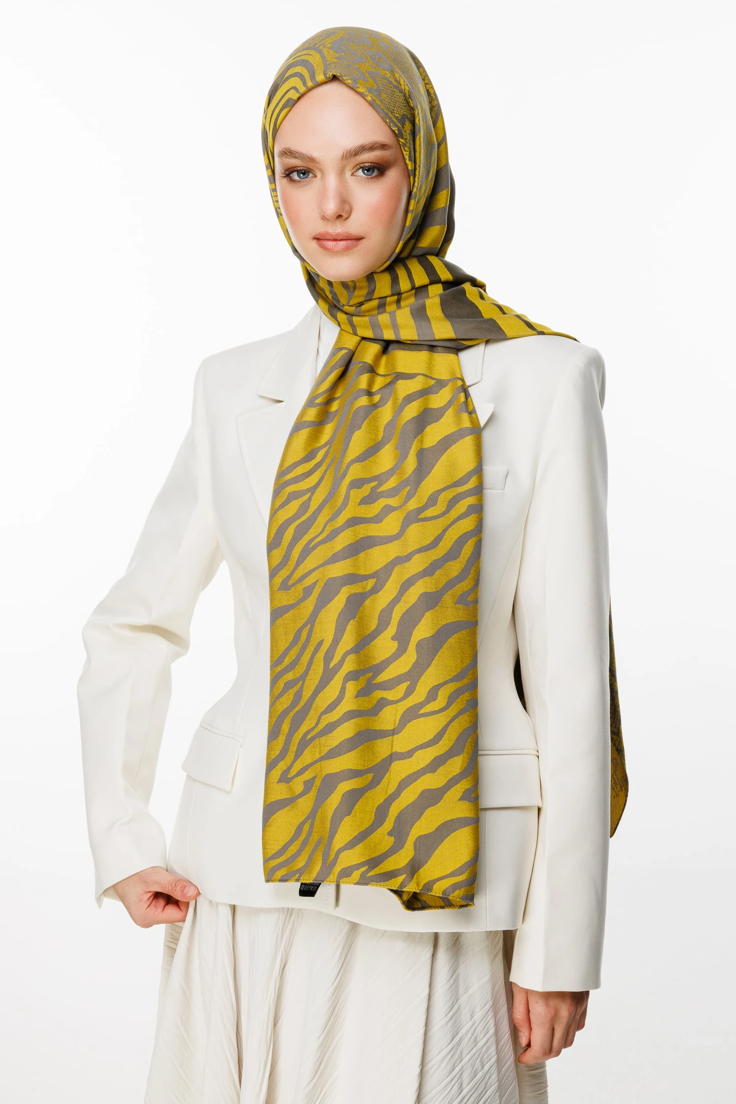 Toptan Riad Desen Çift Taraflı Şal - Koyu Gri-Hardal