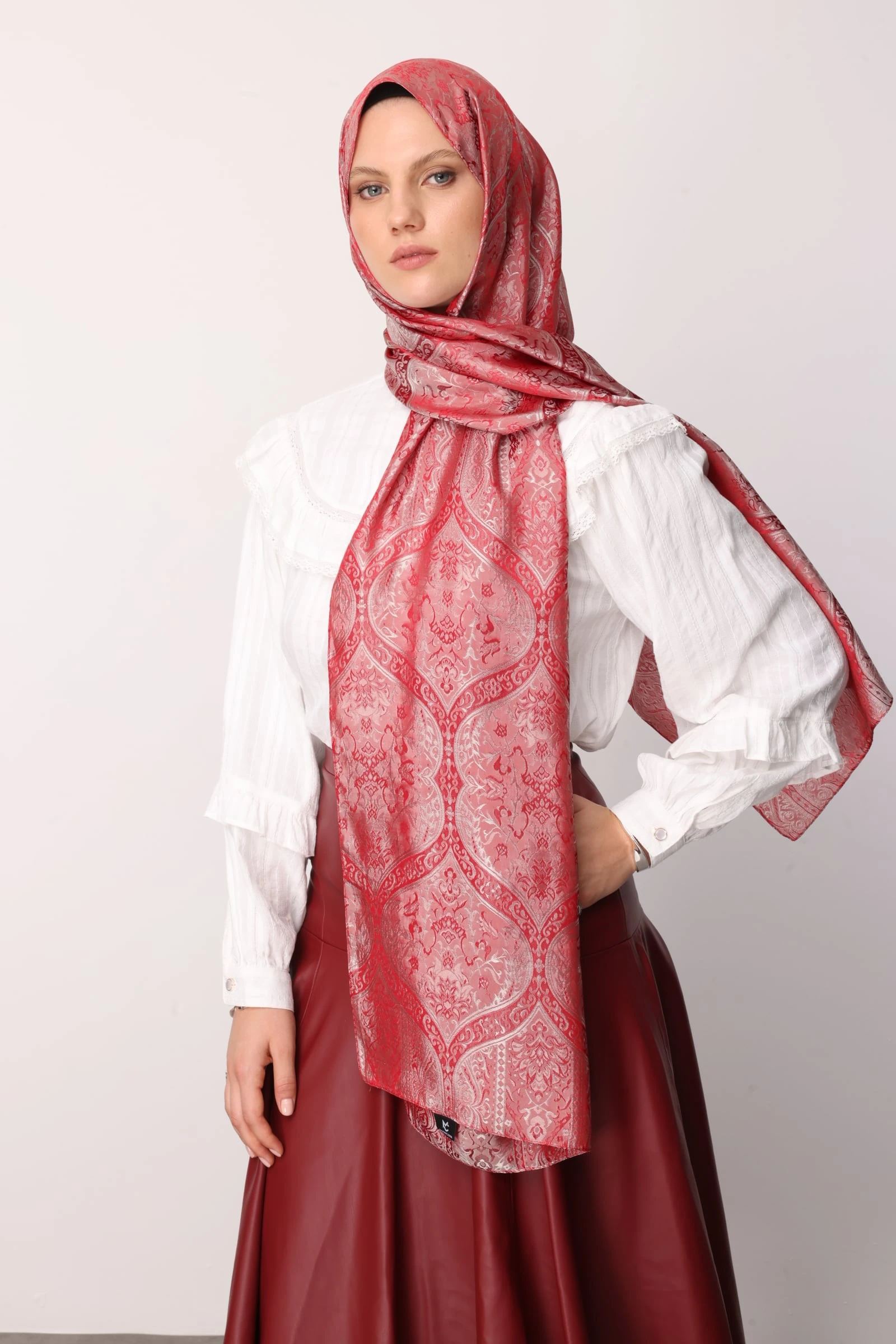 Toptan Soler Desen Shine Line Şal - Bordo-Mint Yeşili