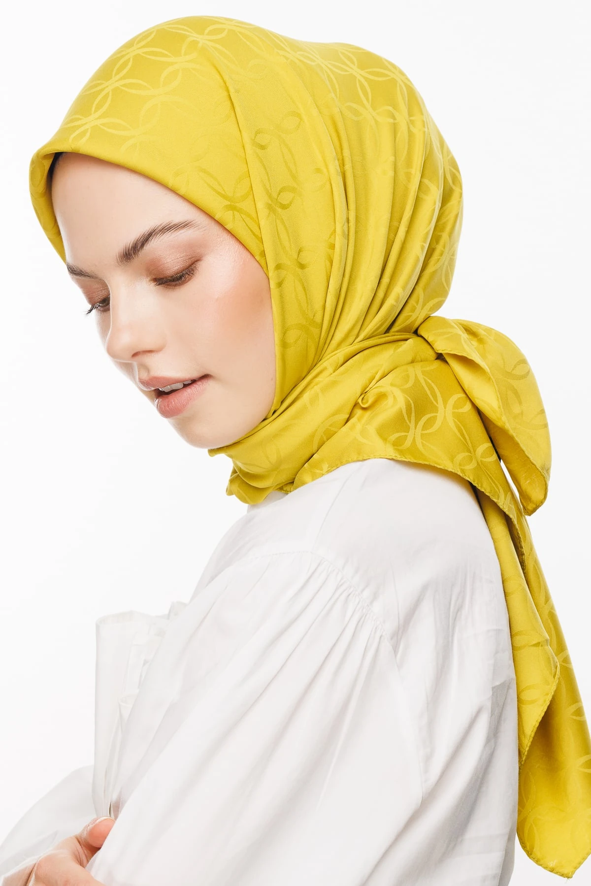 Toptan London Desen İpeksi Jakar Eşarp - Oliv Yeşili