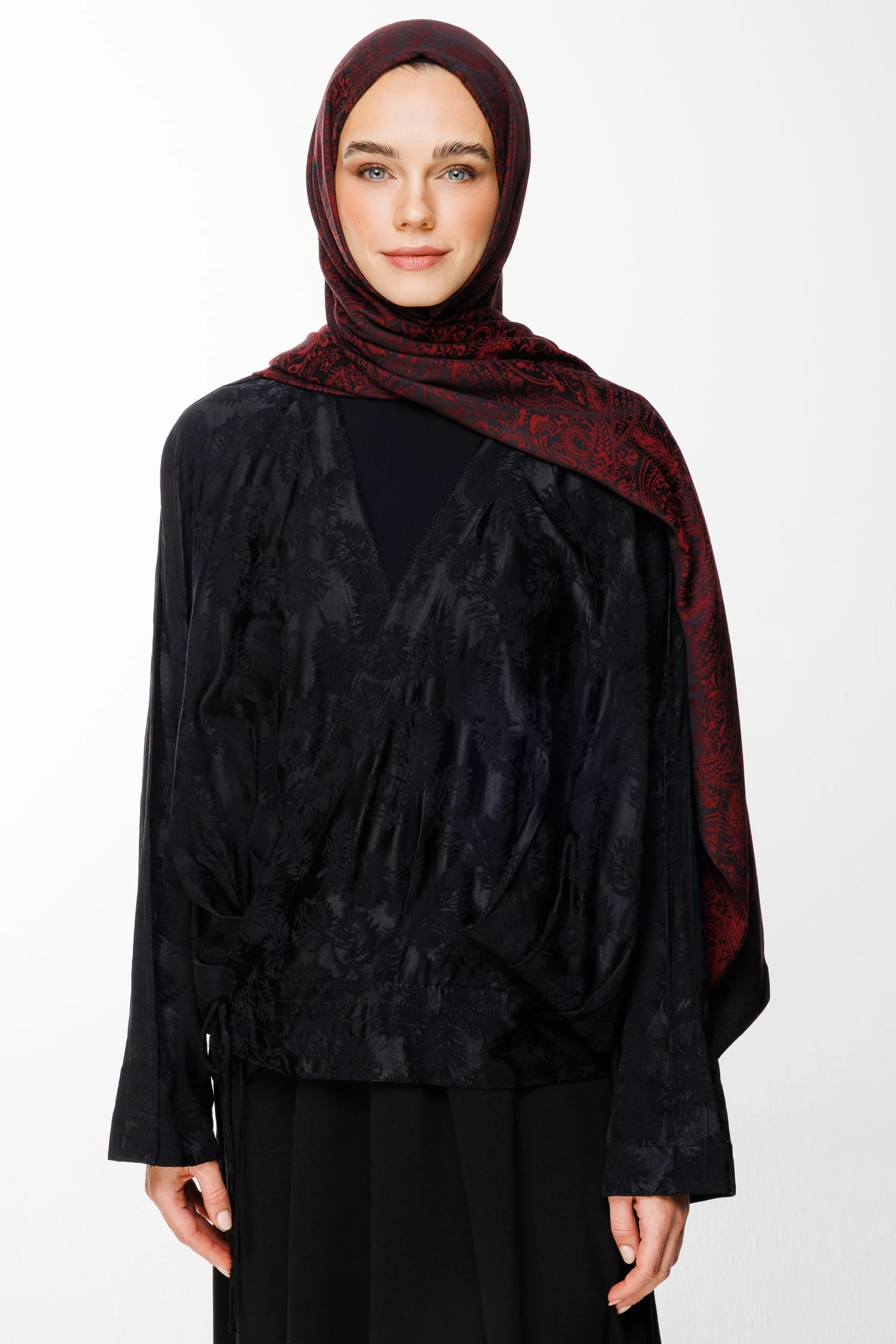 Toptan Velora Desen Çift Taraflı Şal - Siyah-Bordo