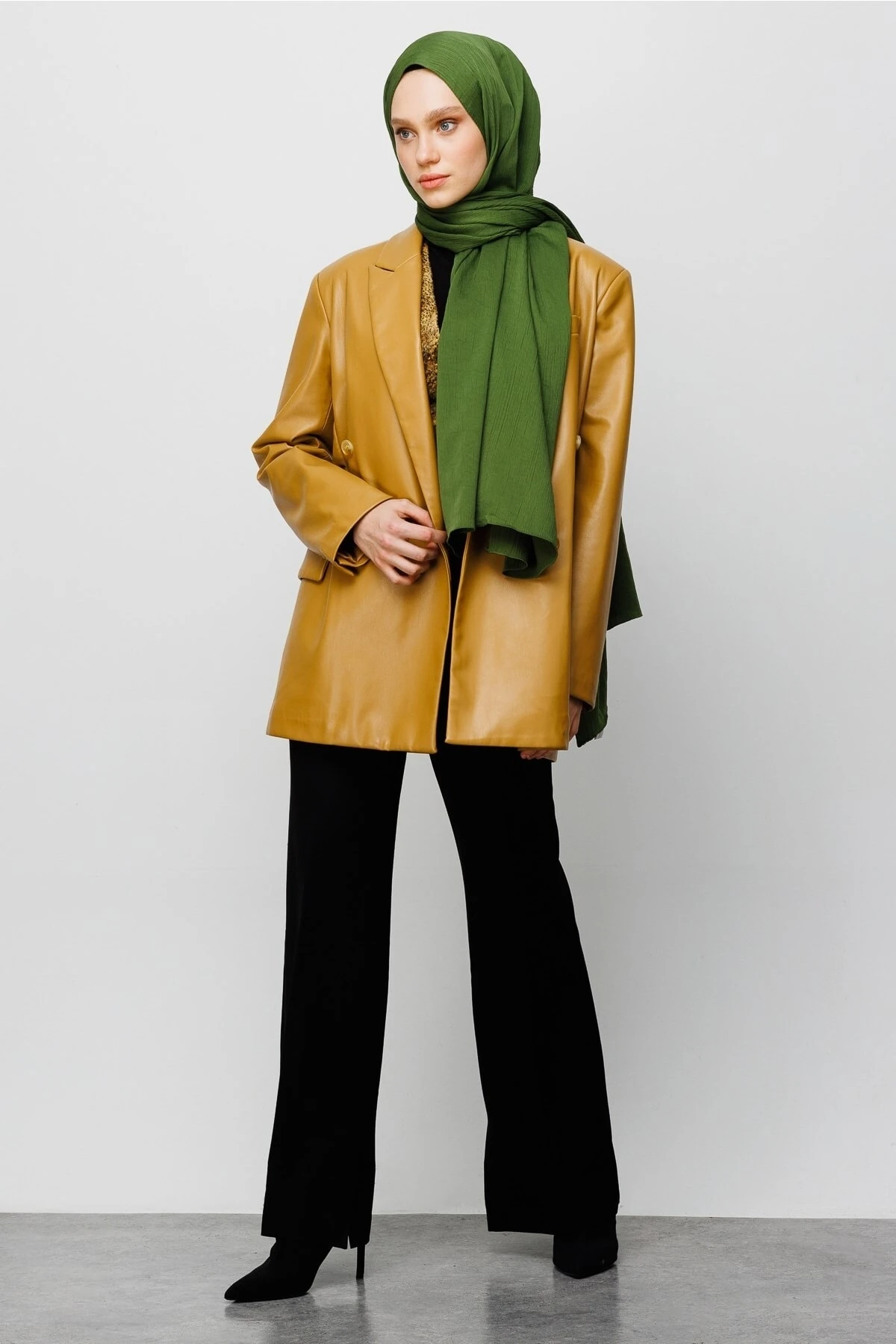 Toptan Krinkıl Medine İpeği Şal - Haki