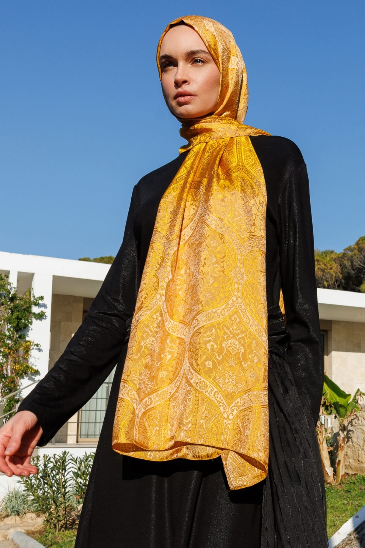 Shline Line Viscose Shawl - Mink-Mustard