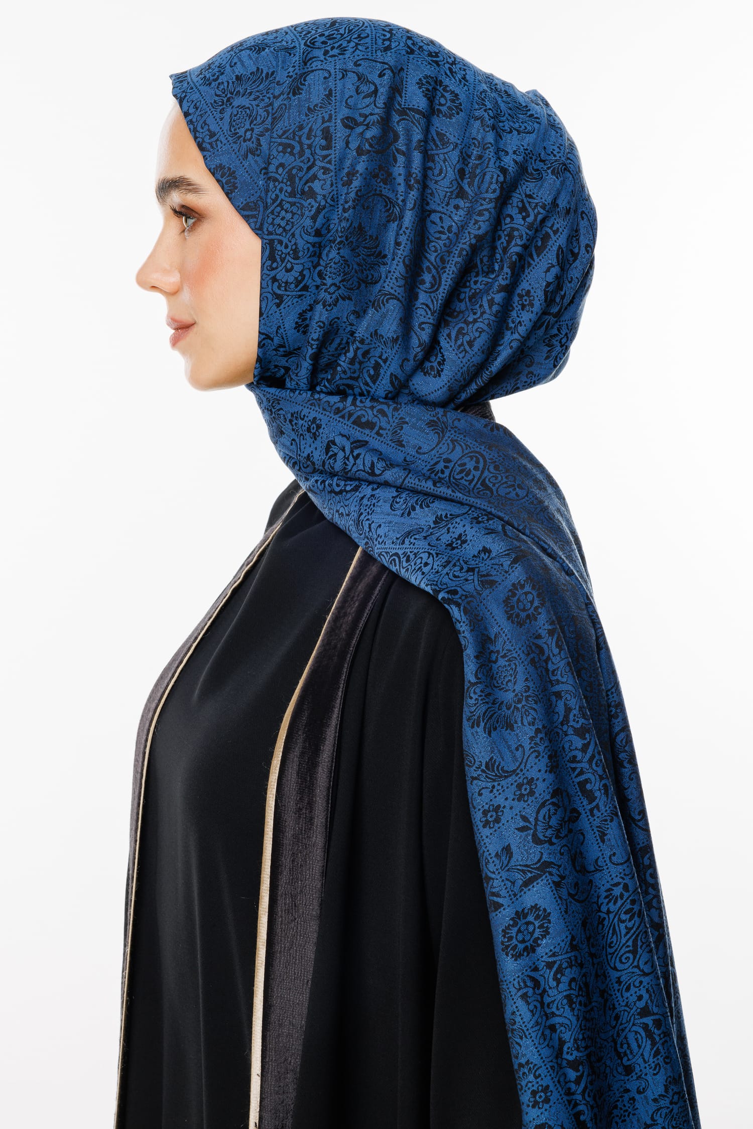 Toptan Henna Desen Çift Taraflı Şal - Siyah-İndigo