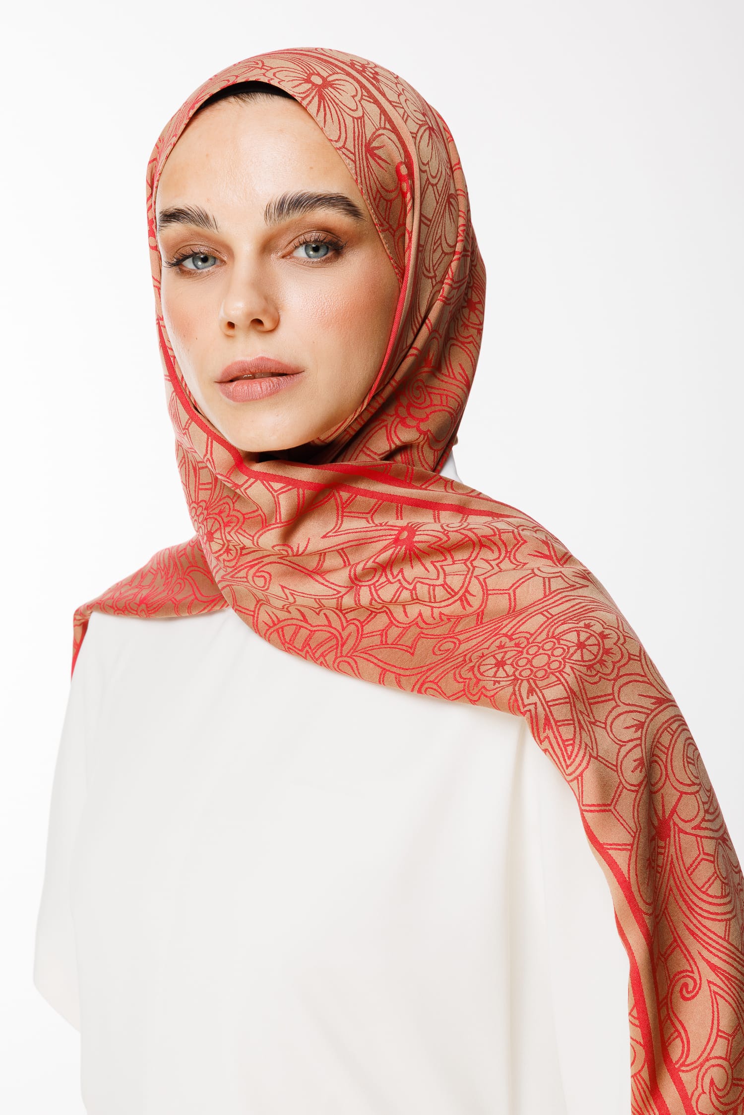 Toptan Lavin Desen Çift Taraflı Şal - Vizon-Kırmızı