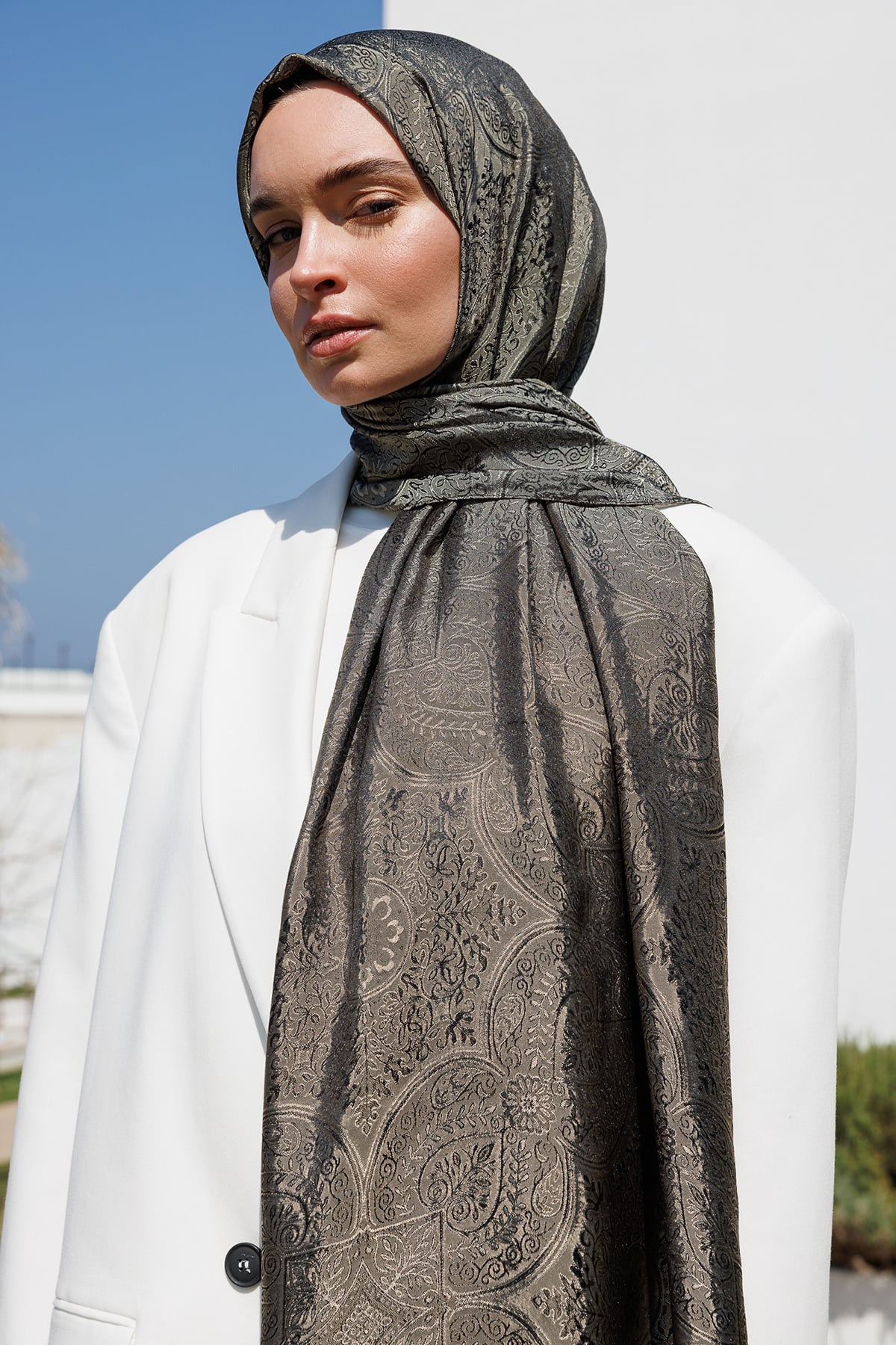 Toptan Vera Desen Shine Line Şal - Siyah-Bej