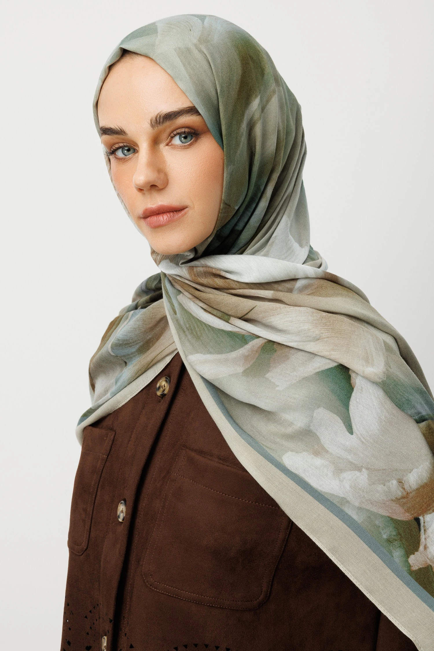 Wholesale Fleur Pattern Ramie Shawl - Sage