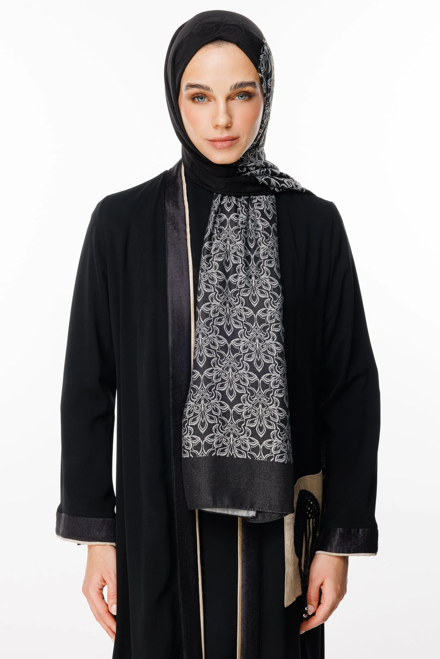 Toptan Nora Desen Çift Taraflı Şal - Siyah-Siyah