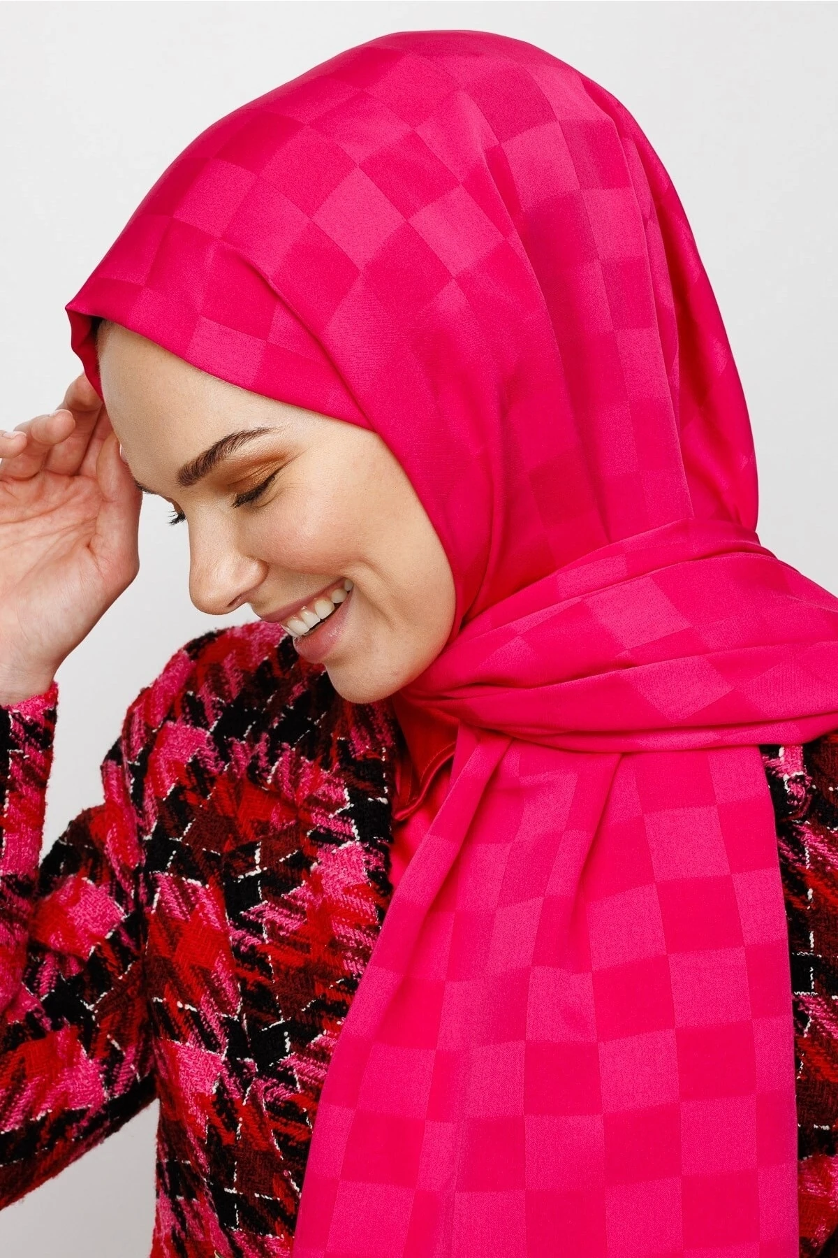 Toptan Dama Desen İpeksi Jakar Şal - Fuşya