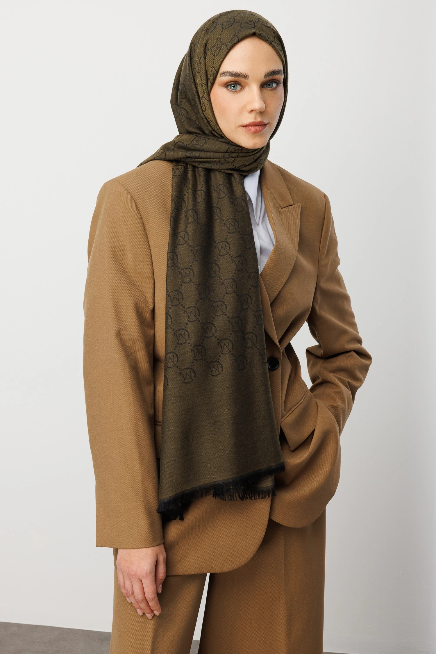 Wholesale Wool Silk Shawls - Oil Green