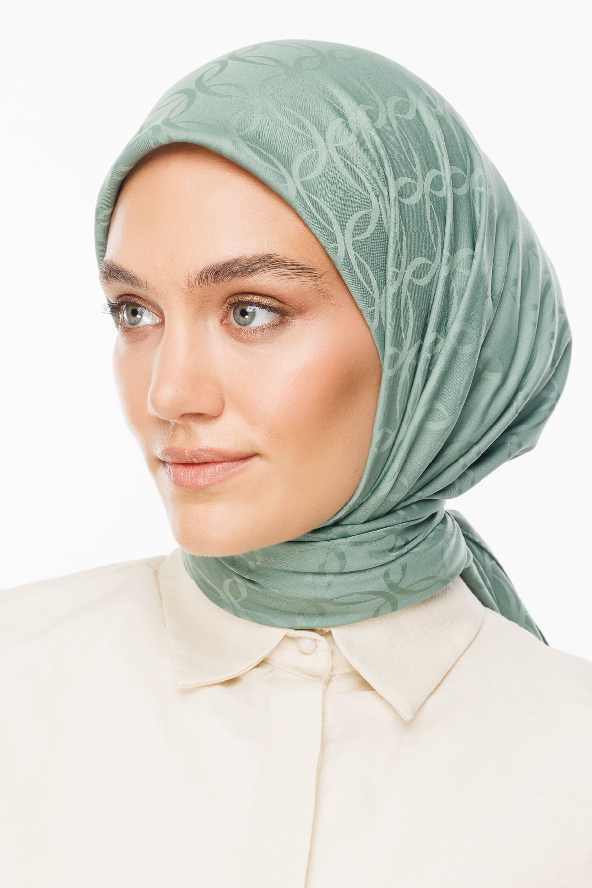 Toptan London Desen İpeksi Jakar Eşarp - Küf Yeşili