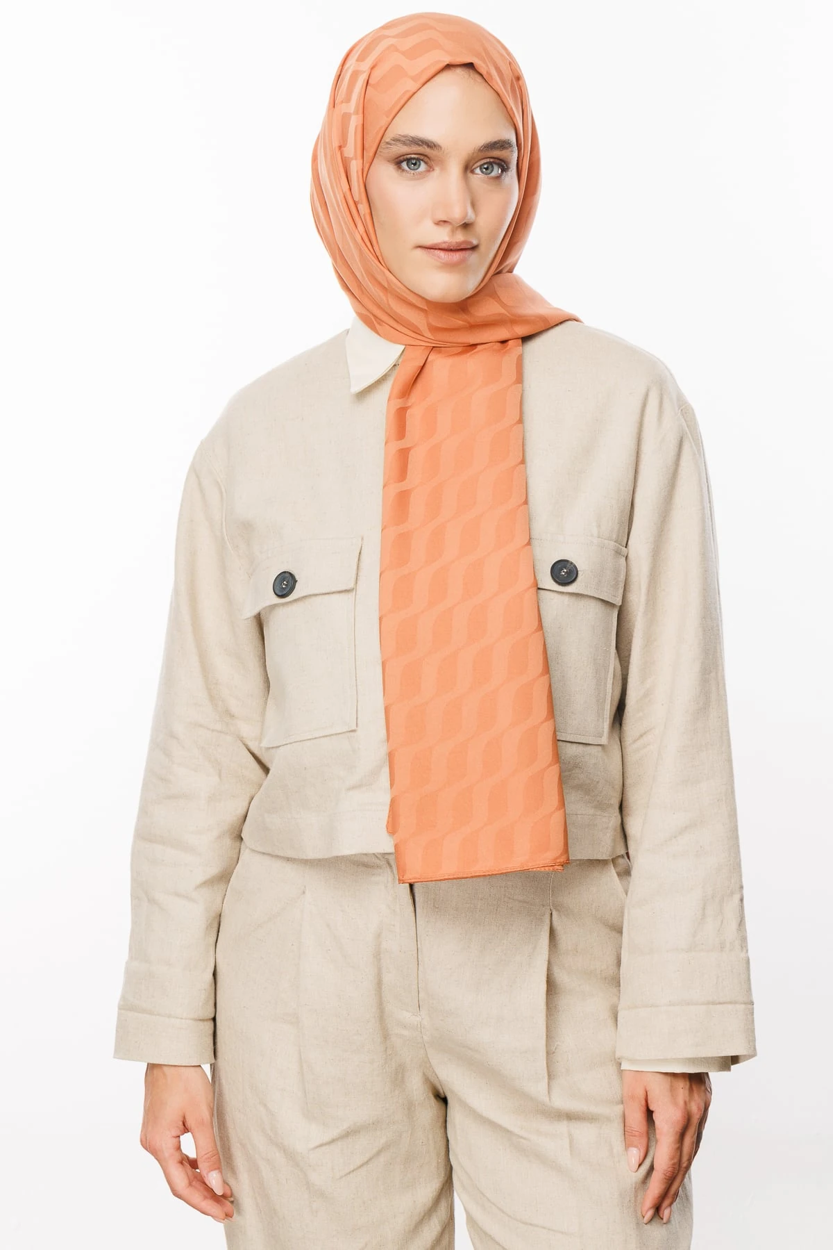 Toptan Dalga Desen İpeksi Jakar Şal - Yavruağzı