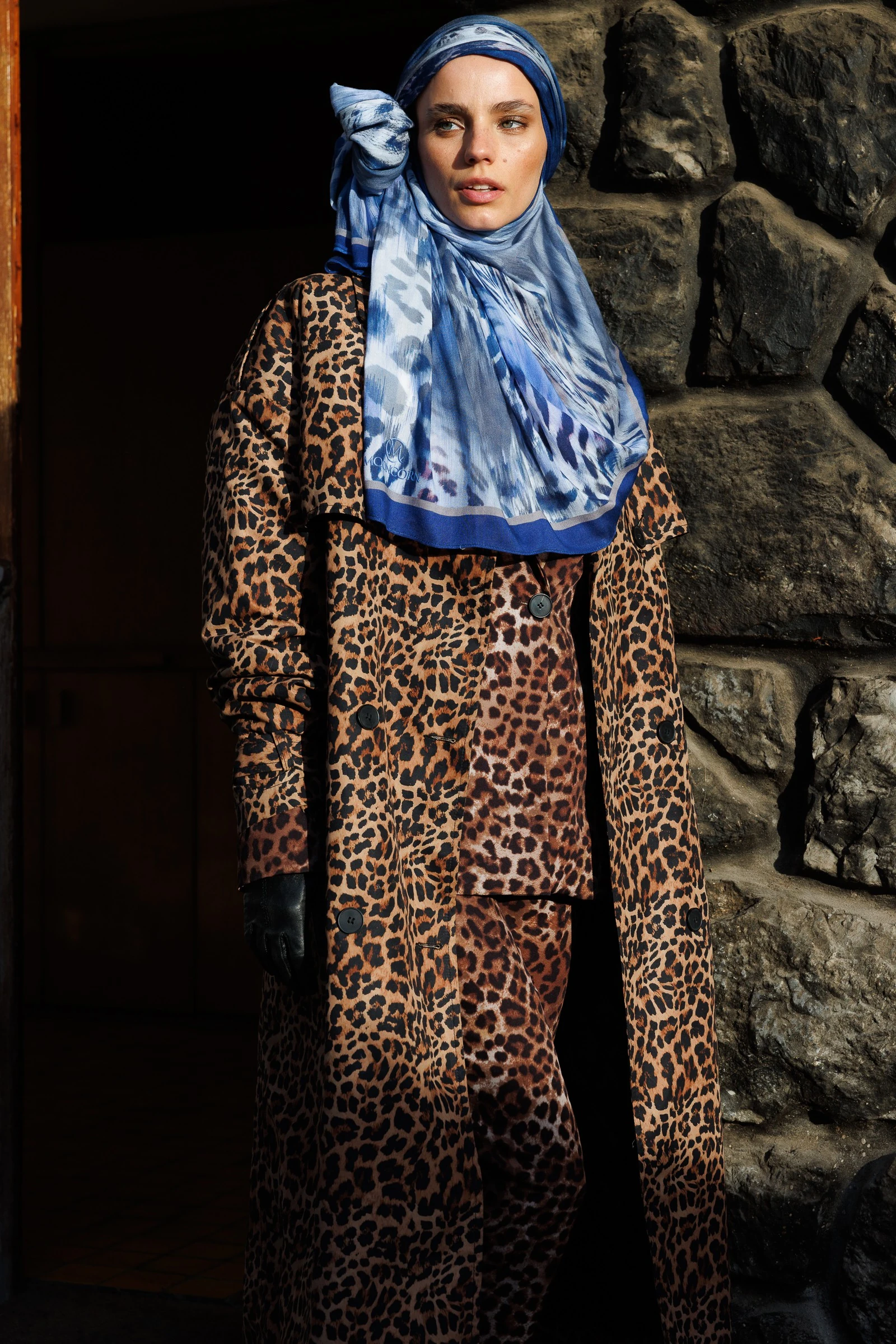 Wholesale Leopard Pattern Ramie Shawl - Indigo