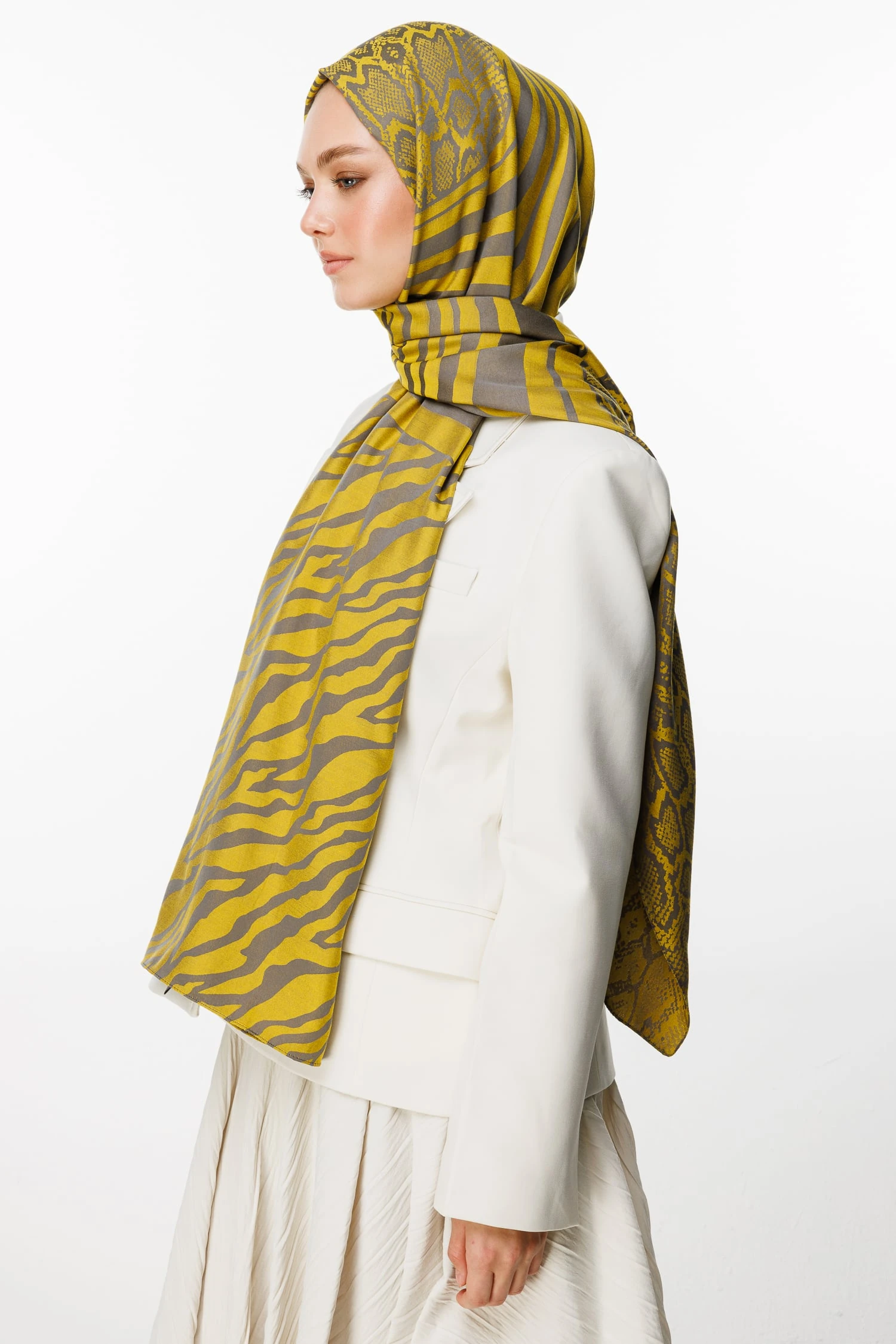 Toptan Riad Desen Çift Taraflı Şal - Koyu Gri-Hardal