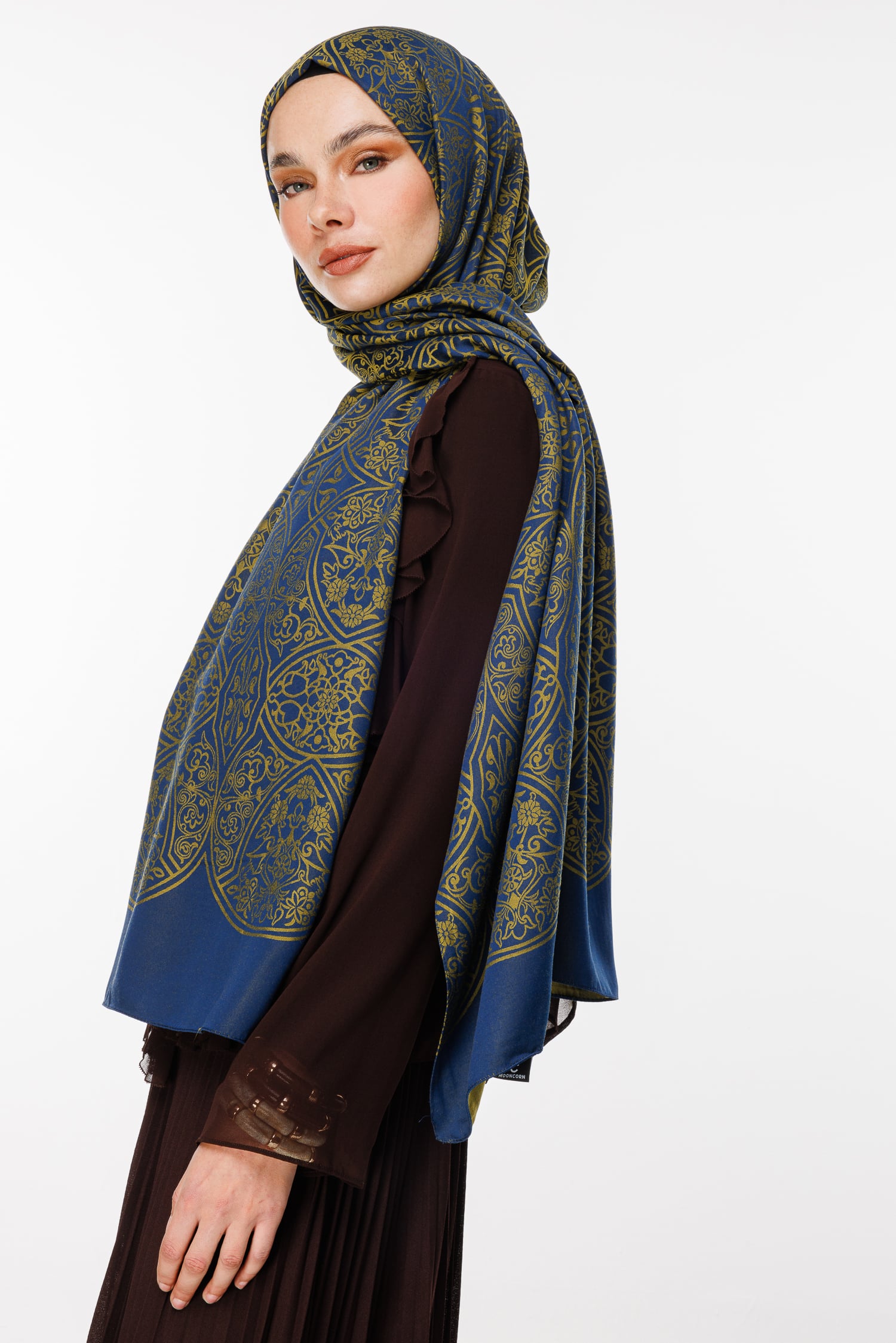Morocco Pattern Double-Sided Shawl - Navy Blue-Oil Green